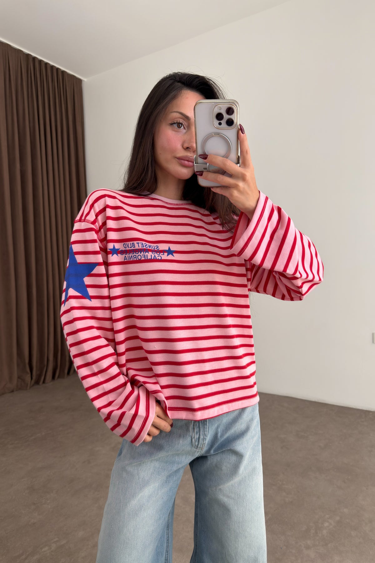 LA Pembe Kırmızı Çizgili Sweatshirt
