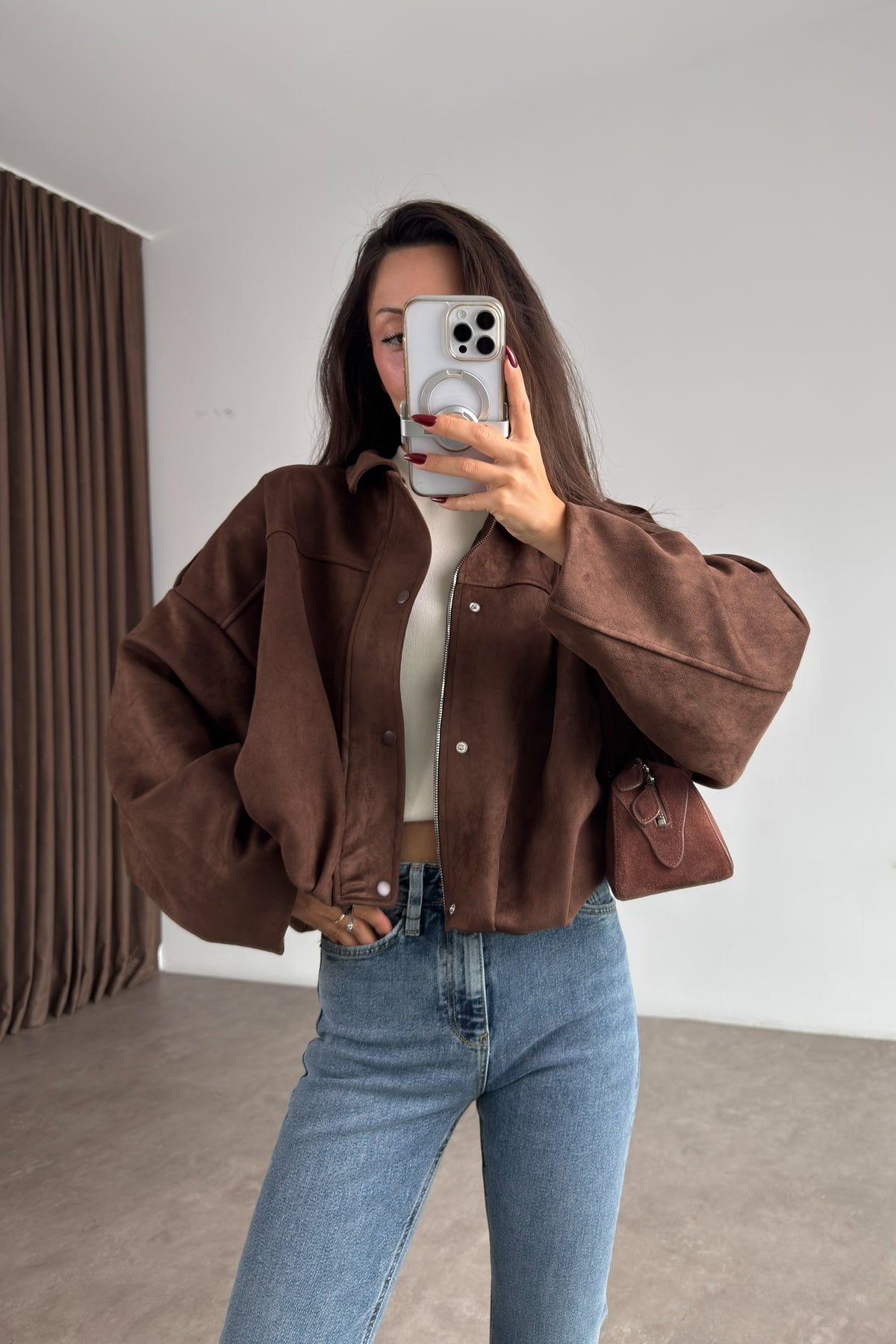 Premium Kahve Süet Bomber Ceket