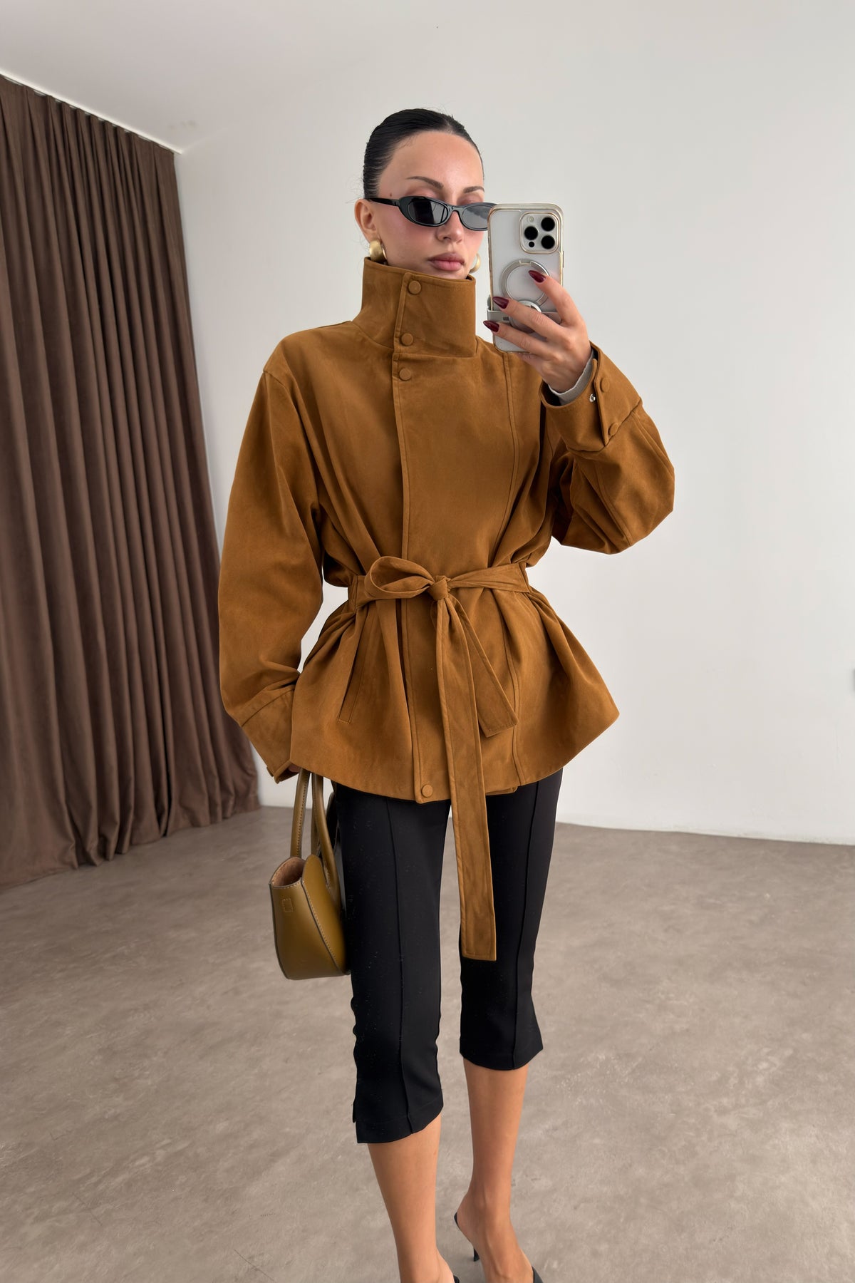 Premium Dik Yakalı Bele Oturan Süet Camel Ceket