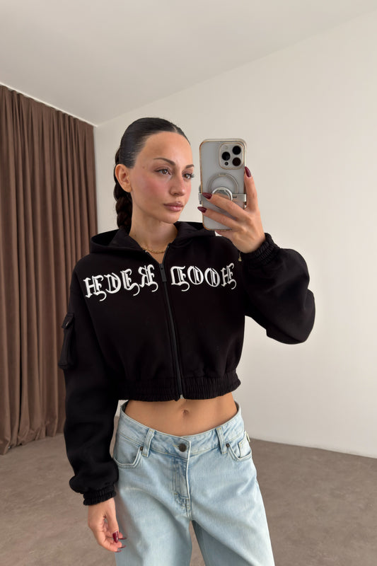 Hoodrich Şardonlu Nakış Detaylı Siyah Fermuarlı Sweatshirt
