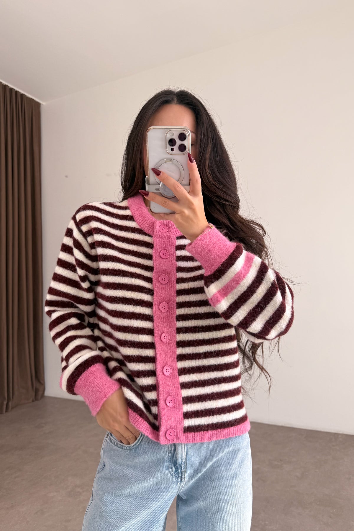 Pembe Kontrast Çizgili Düğmeli Hırka