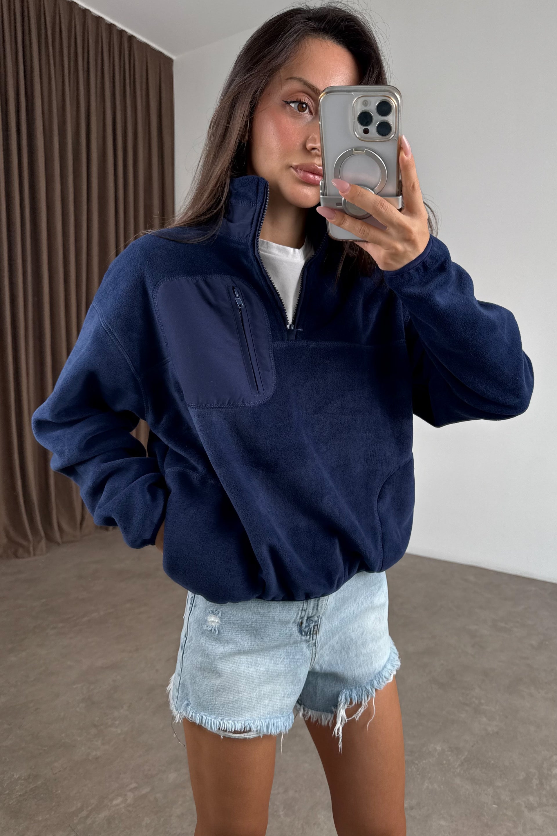 Fermuarlı Dik Yakalı Mavi Polar Sweat