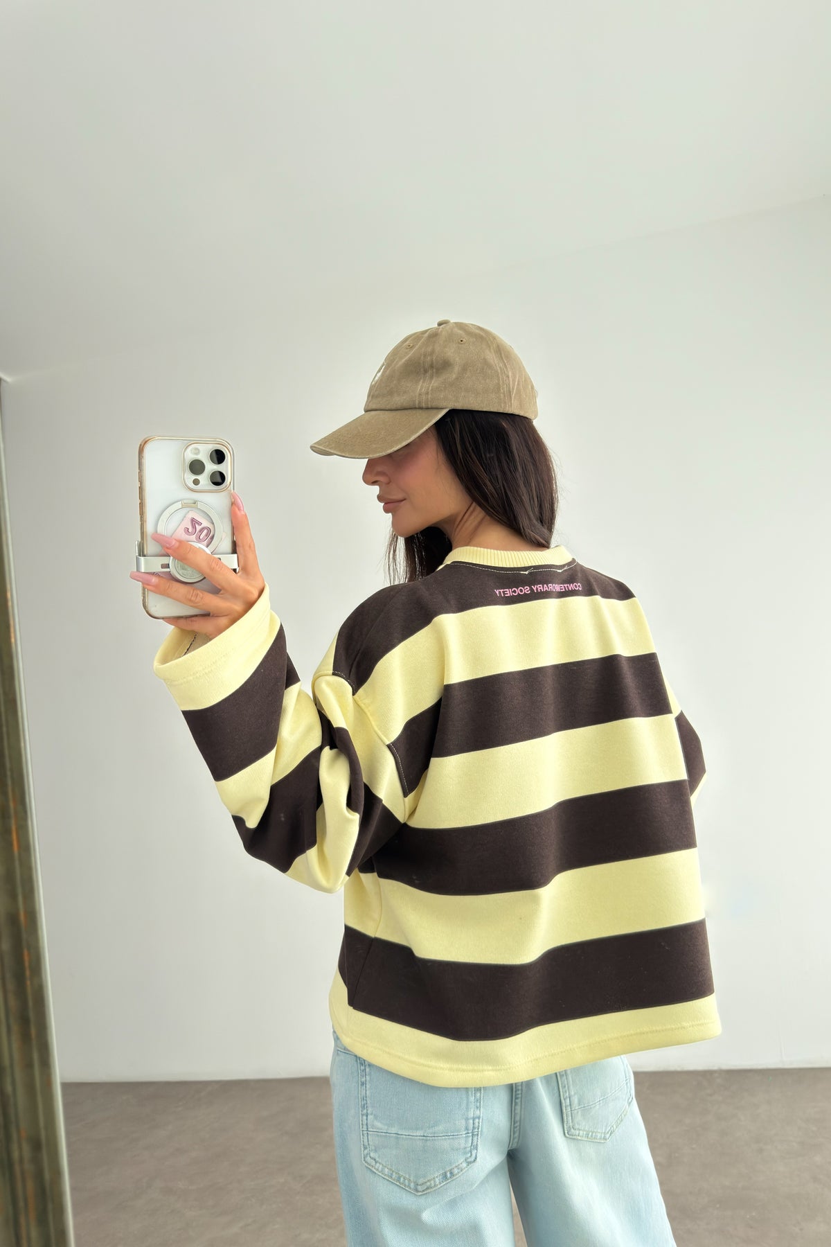 NYC Sarı Kahve Çizgili Sweatshirt