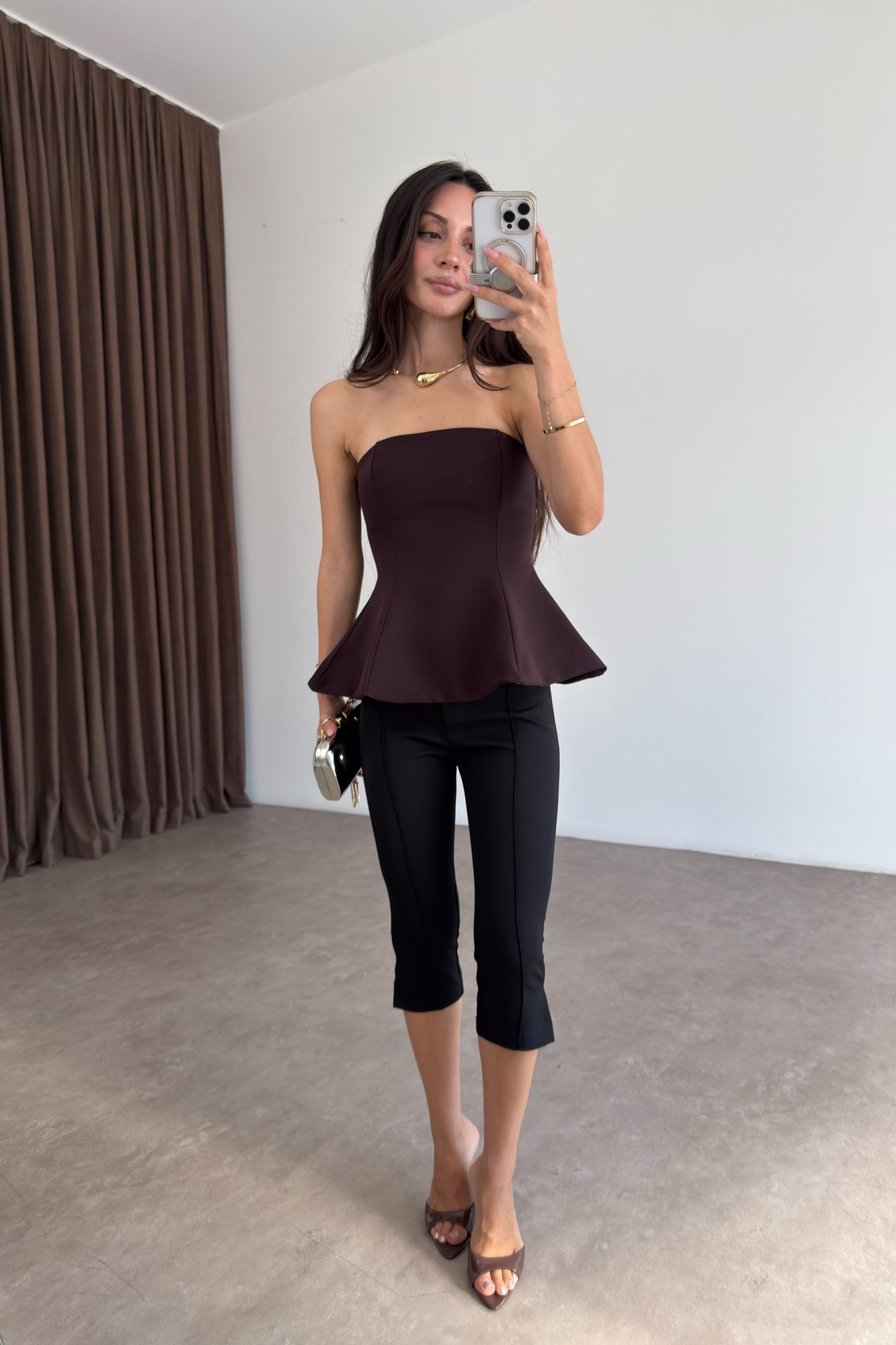Eteği Volanlı Straplez Kahve Korse