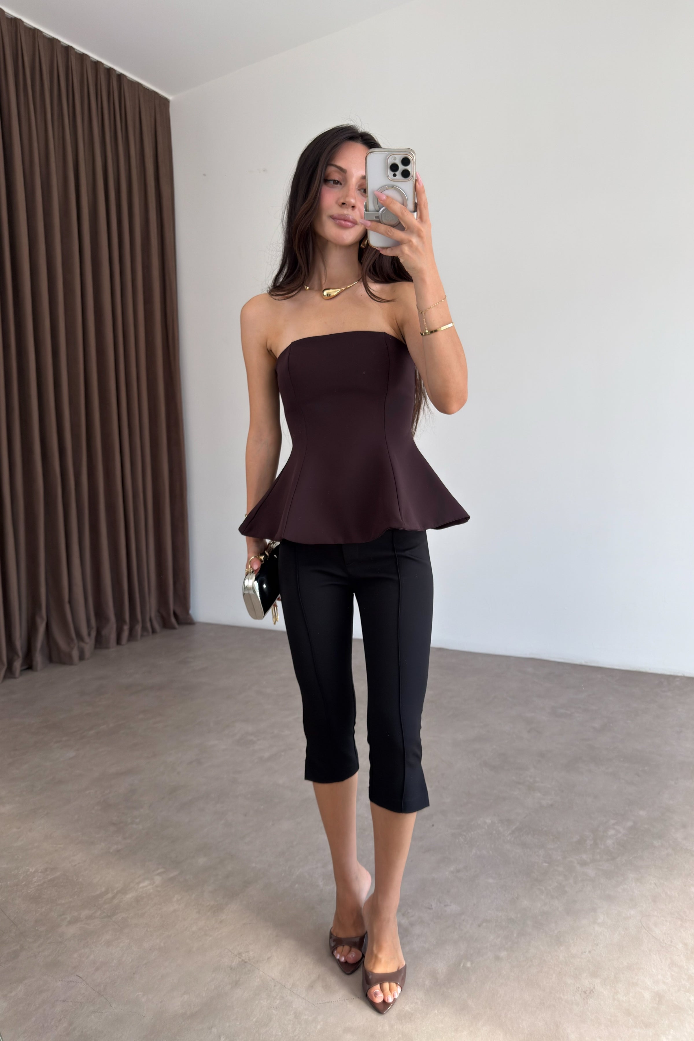 Eteği Volanlı Straplez Kahve Korse