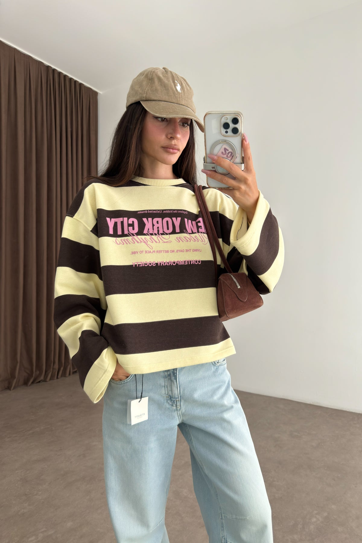 NYC Sarı Kahve Çizgili Sweatshirt