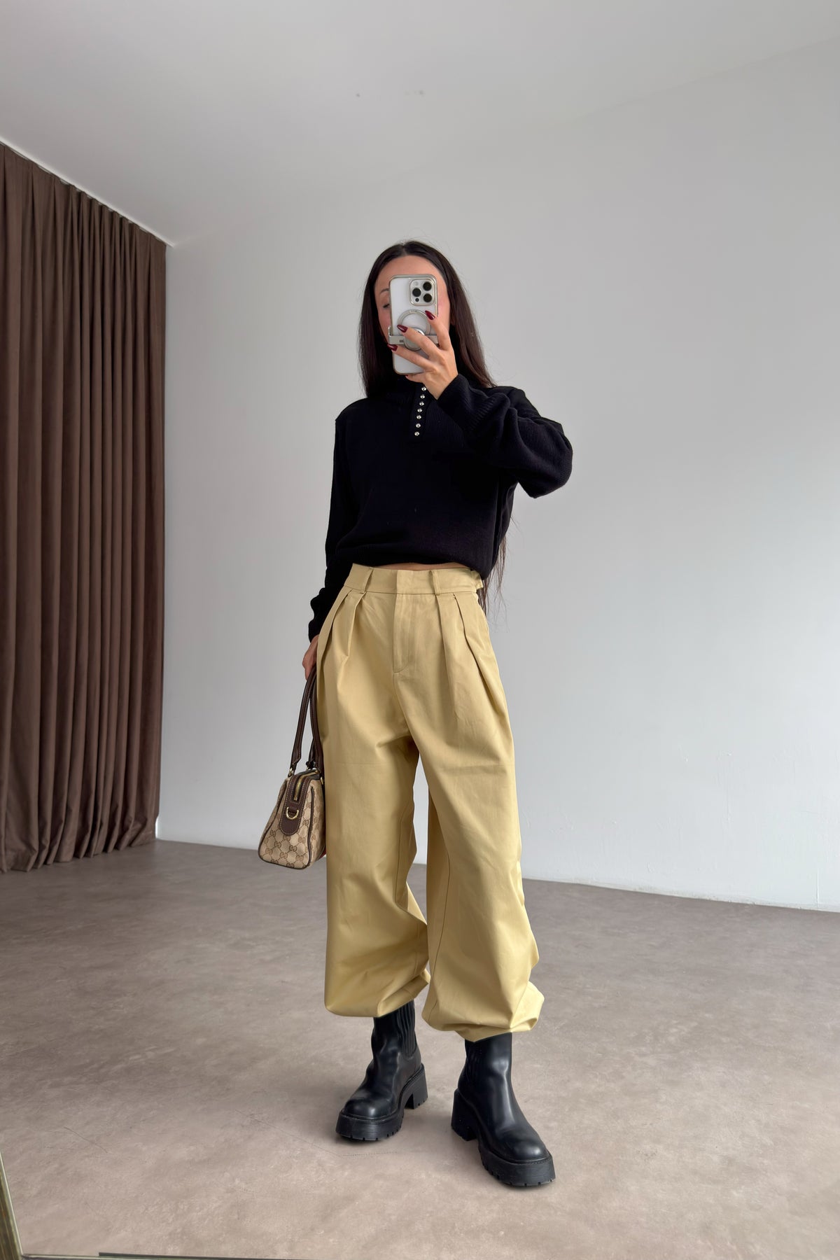 Pensli Yüksek Belli Bej Wide Leg Pantolon