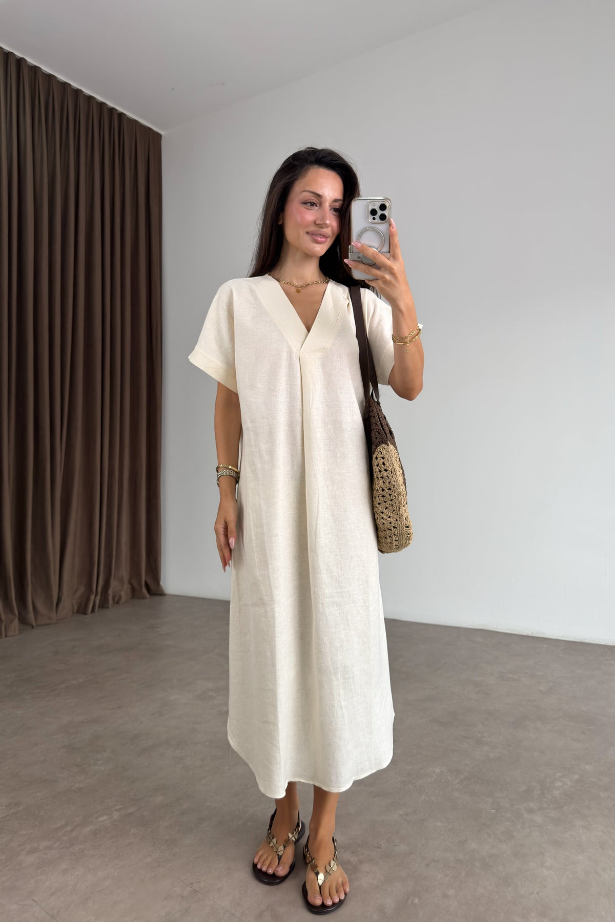 Premium Linen Keten Elbise Beyaz