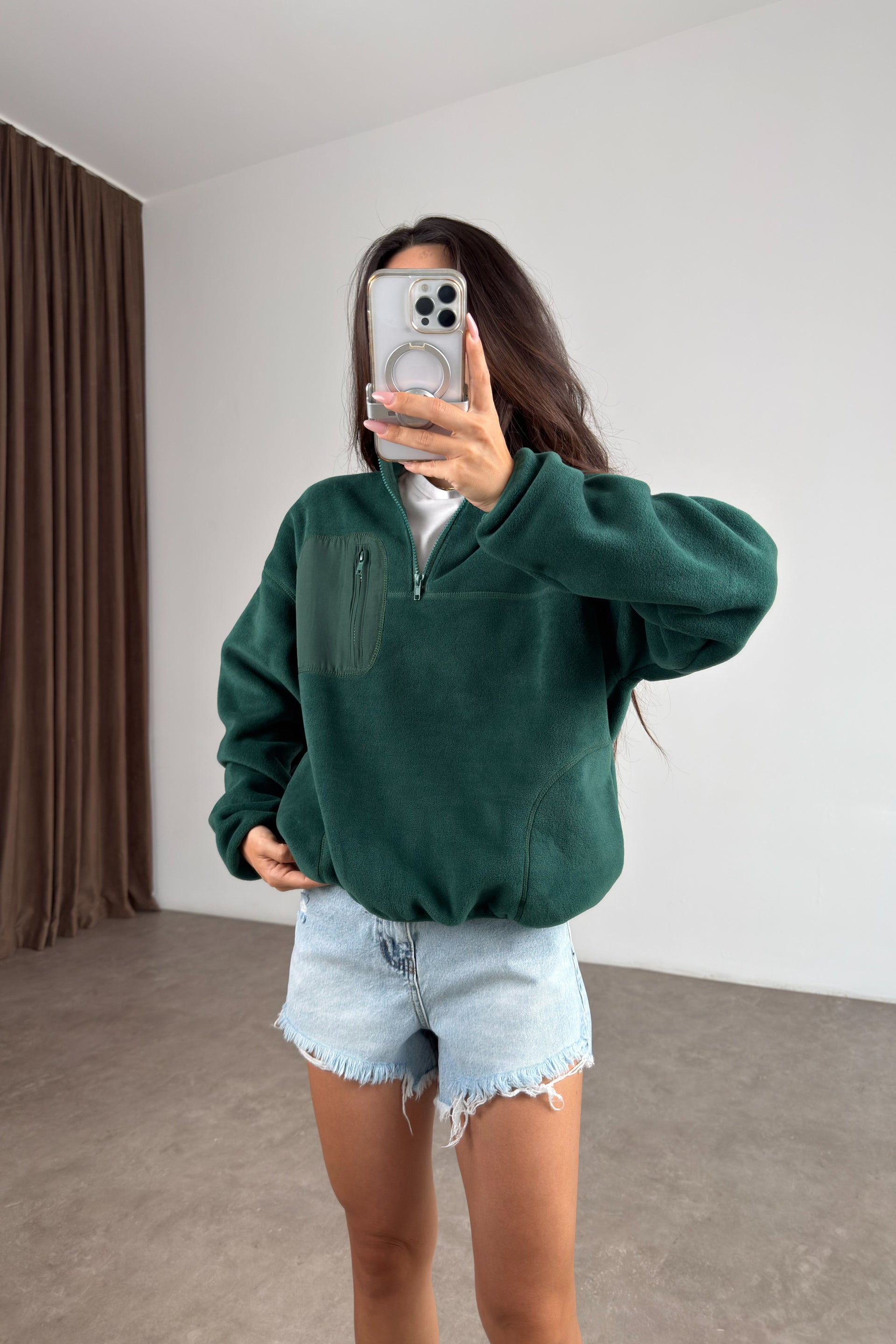 Fermuarlı Dik Yakalı Yeşil Polar Sweat