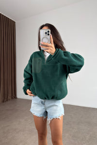 Fermuarlı Dik Yakalı Yeşil Polar Sweat