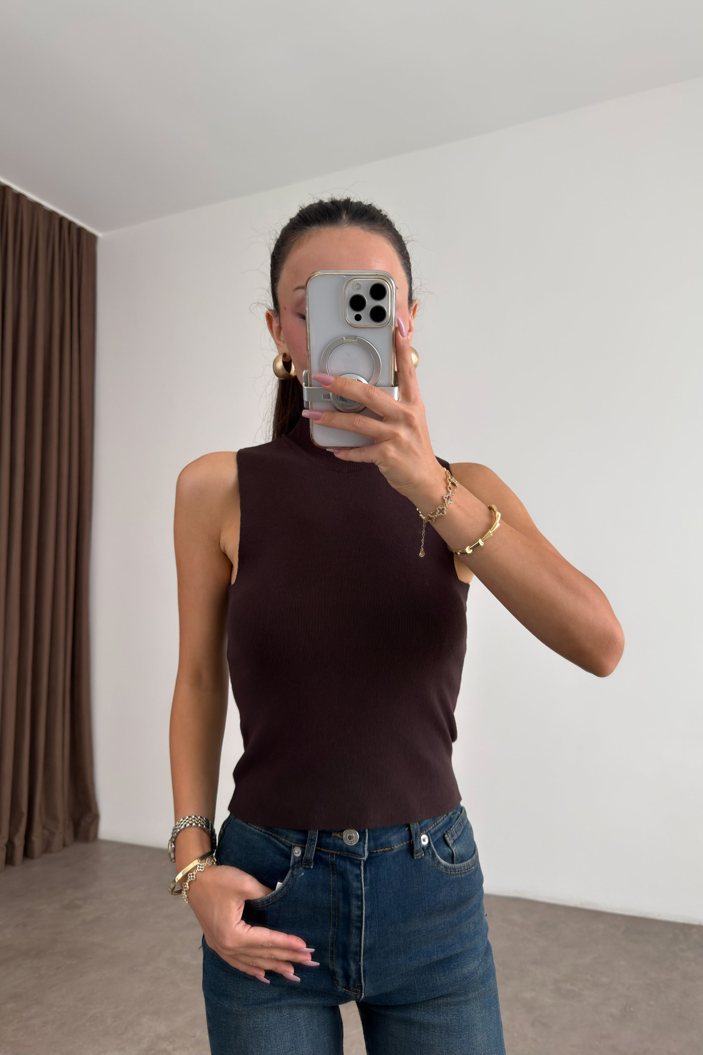 Modal Dokulu Örme Kahve Dik Yaka Body