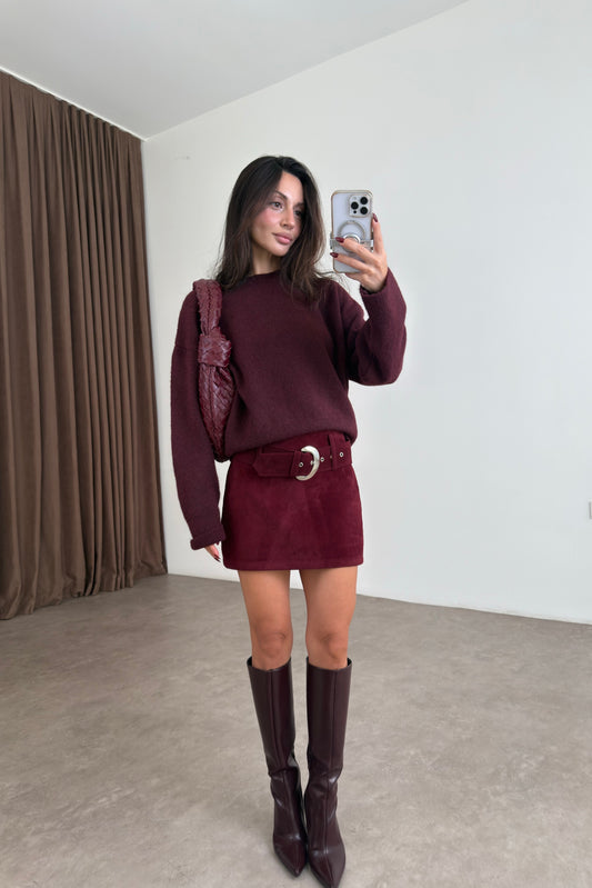 Süet Kemerli Bordo Etek