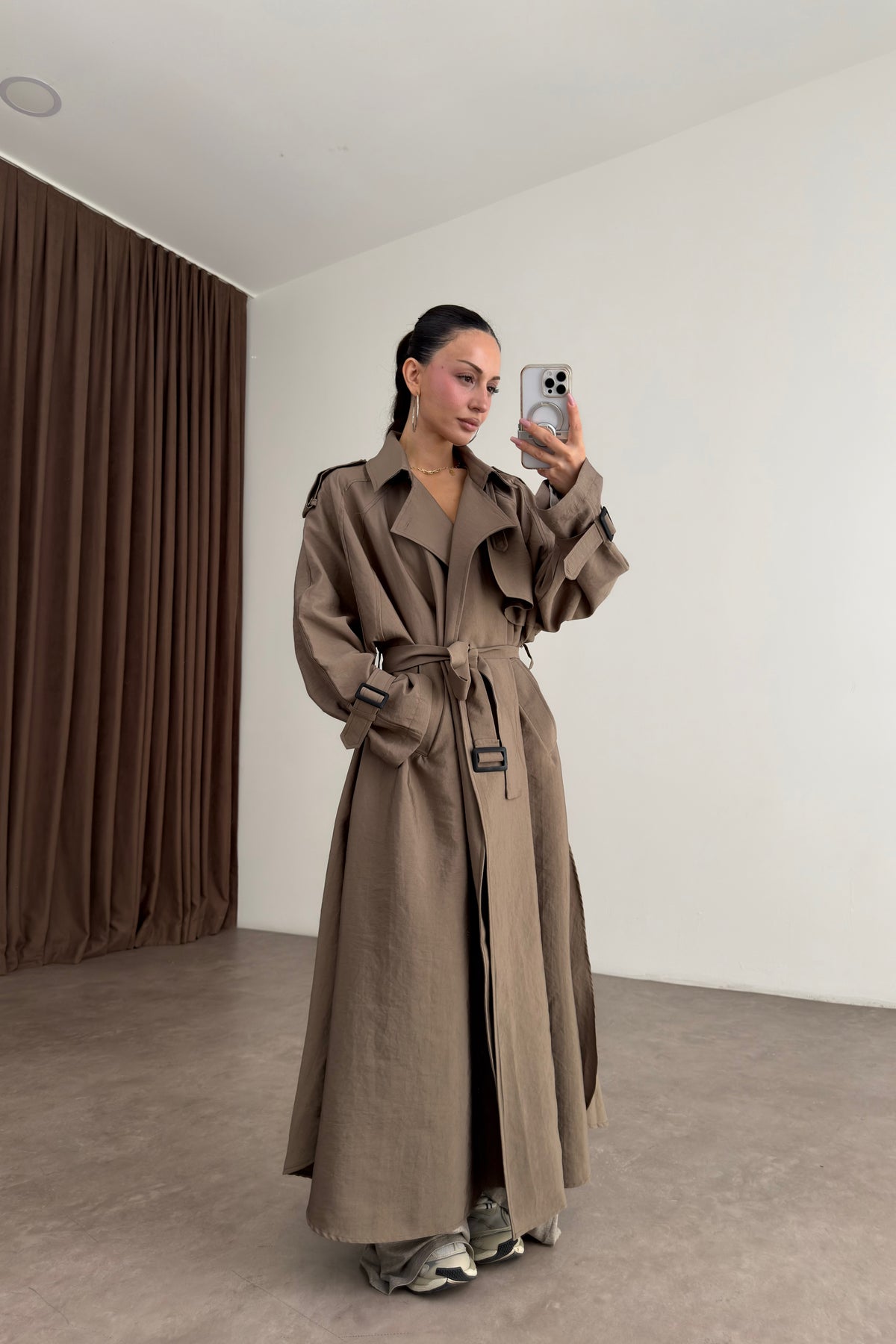 Premium Oversize Dökümlü Uzun Khaki Trençkot