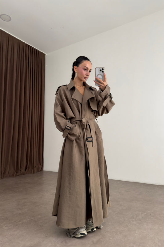 Premium Oversize Dökümlü Uzun Khaki Trençkot