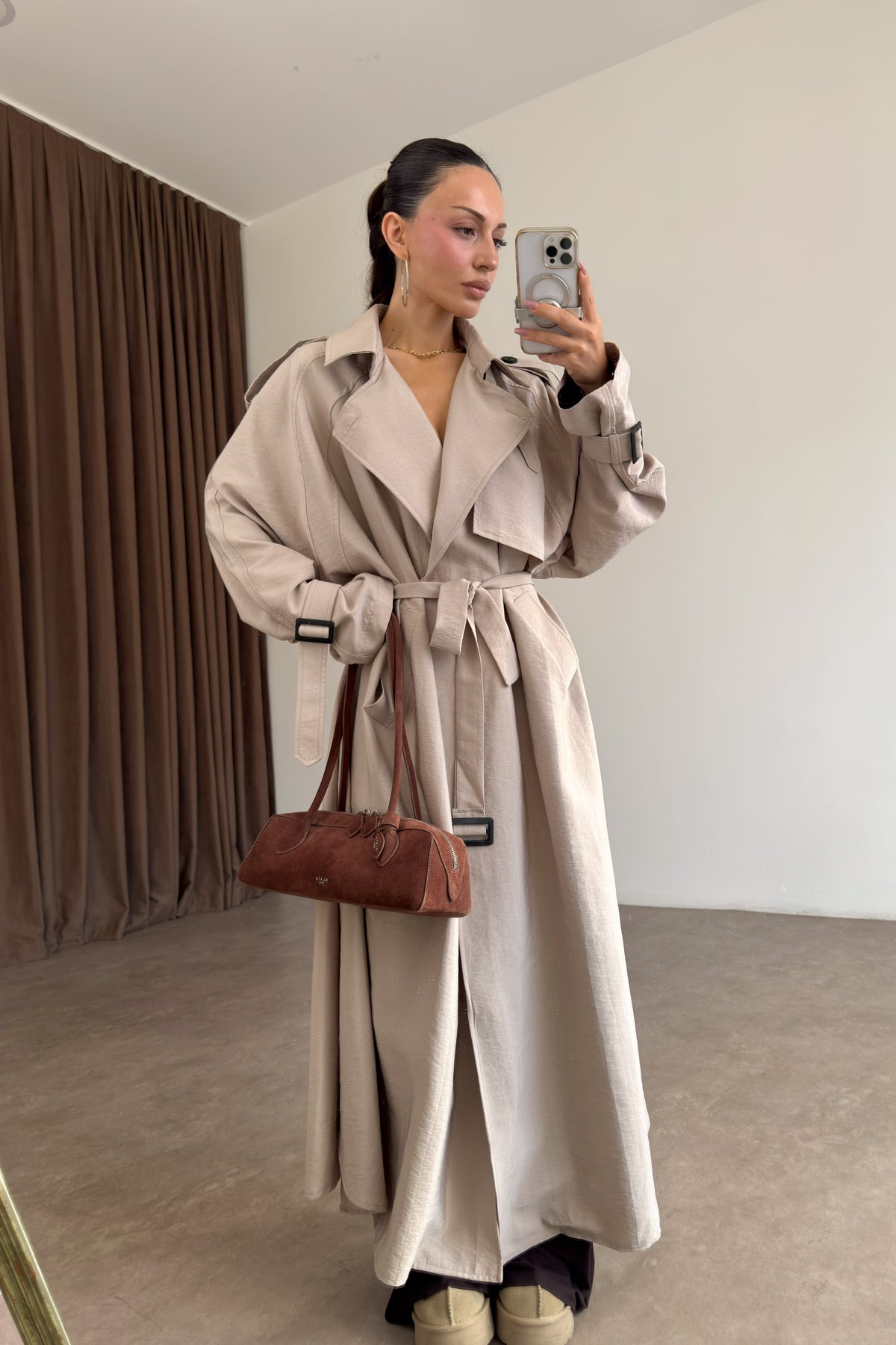 Premium Oversize Dökümlü Uzun Taş Trençkot