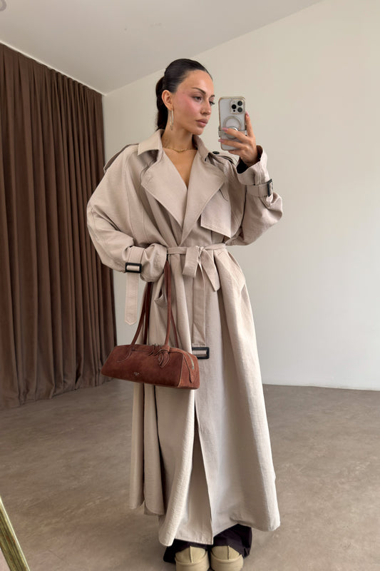 Premium Oversize Dökümlü Uzun Taş Trençkot