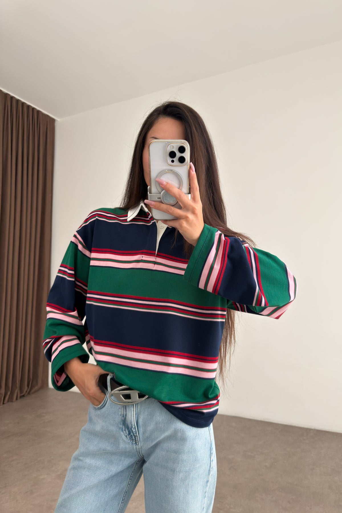Zr Model Polo Yaka Yeşil Pembe Çizgili Tişört