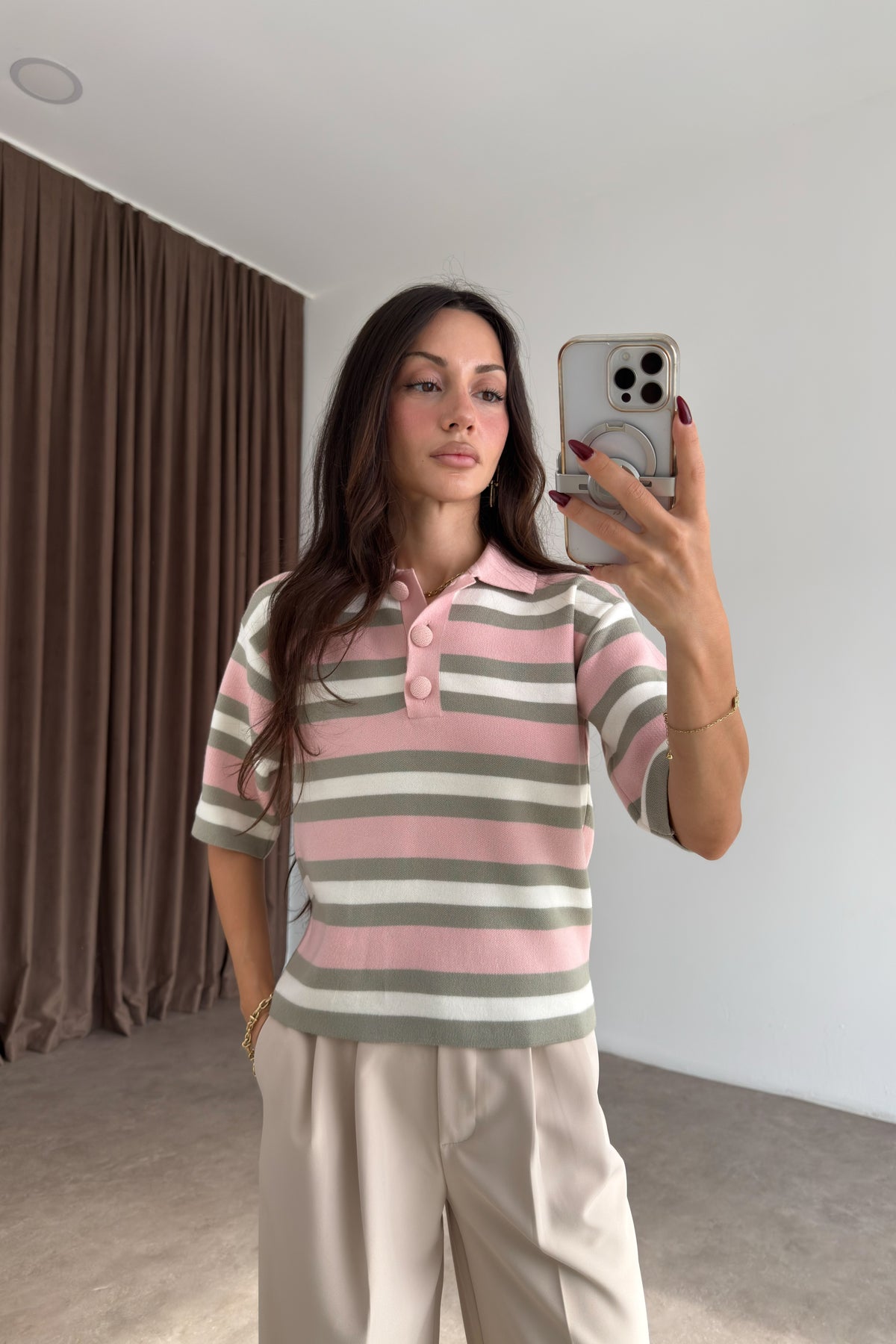 Asos Orj Pembe Çizgili Polo Yaka Kazak