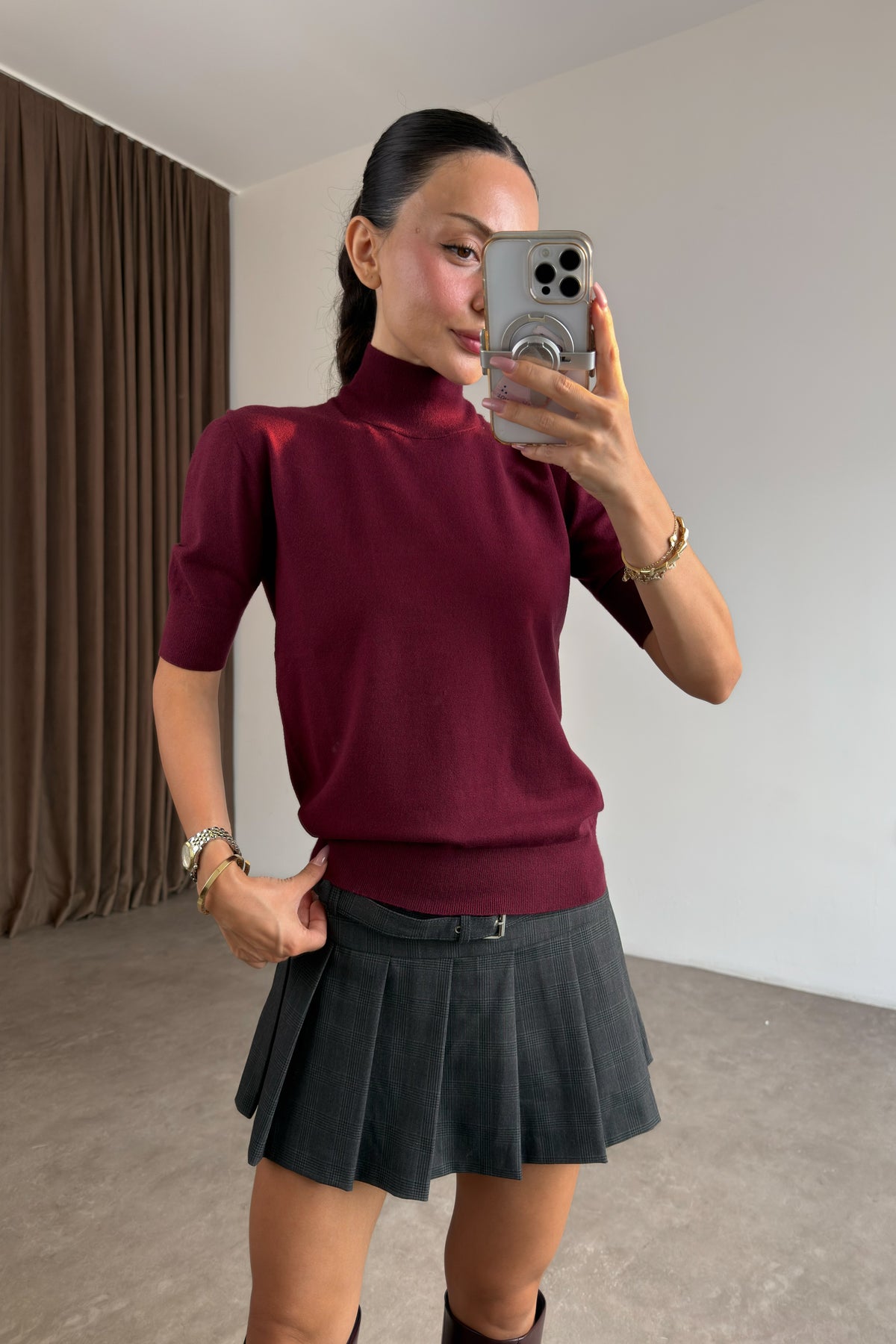 Yarım Boğazlı Kısa Kollu Modal Bordo Triko