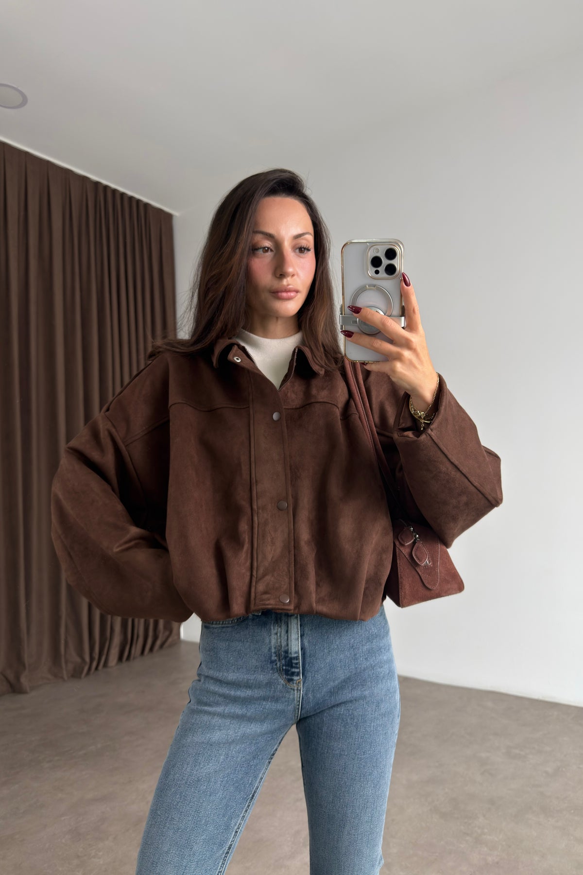 Premium Kahve Süet Bomber Ceket