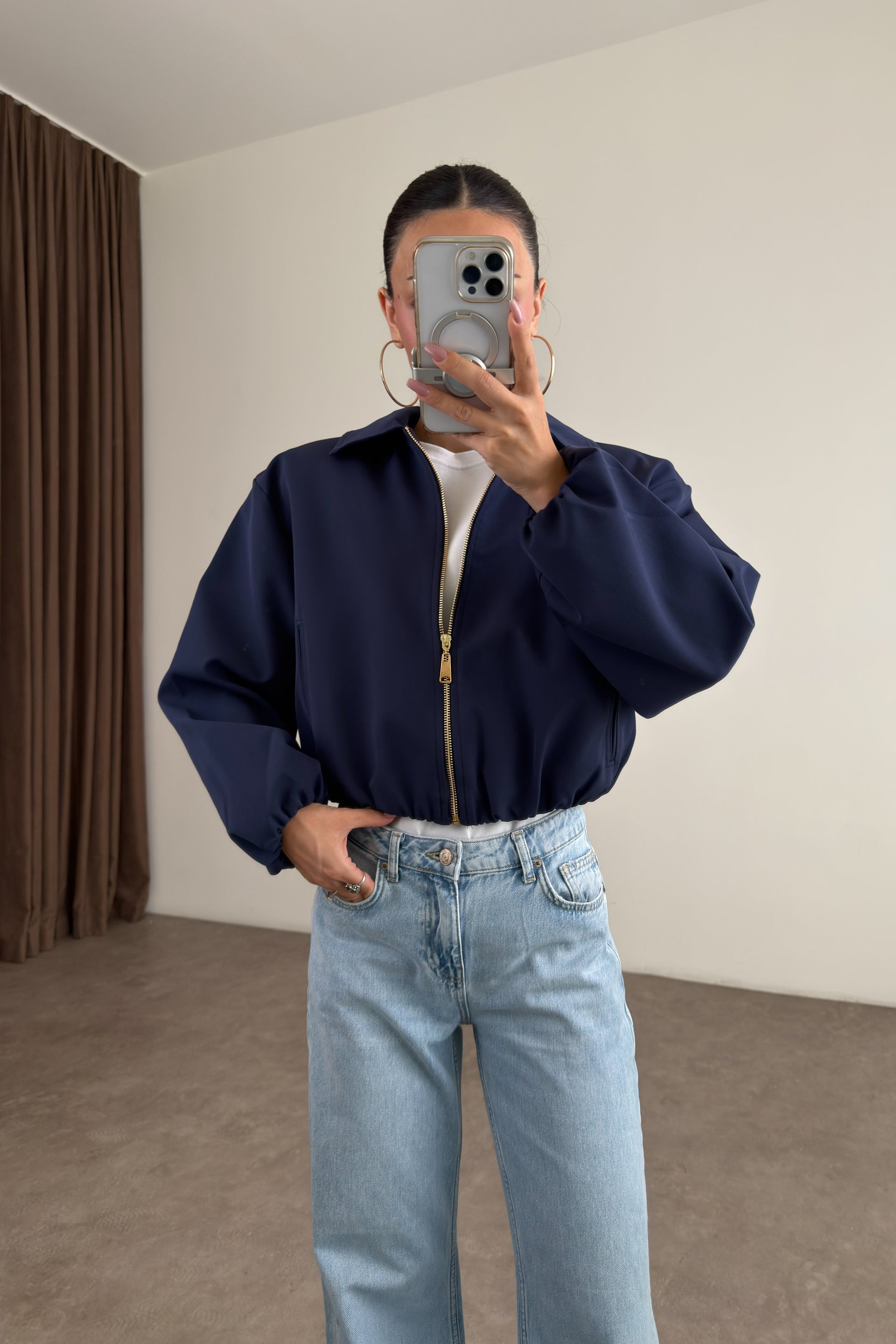 Premium Polo Yaka Lacivert Bomber Ceket