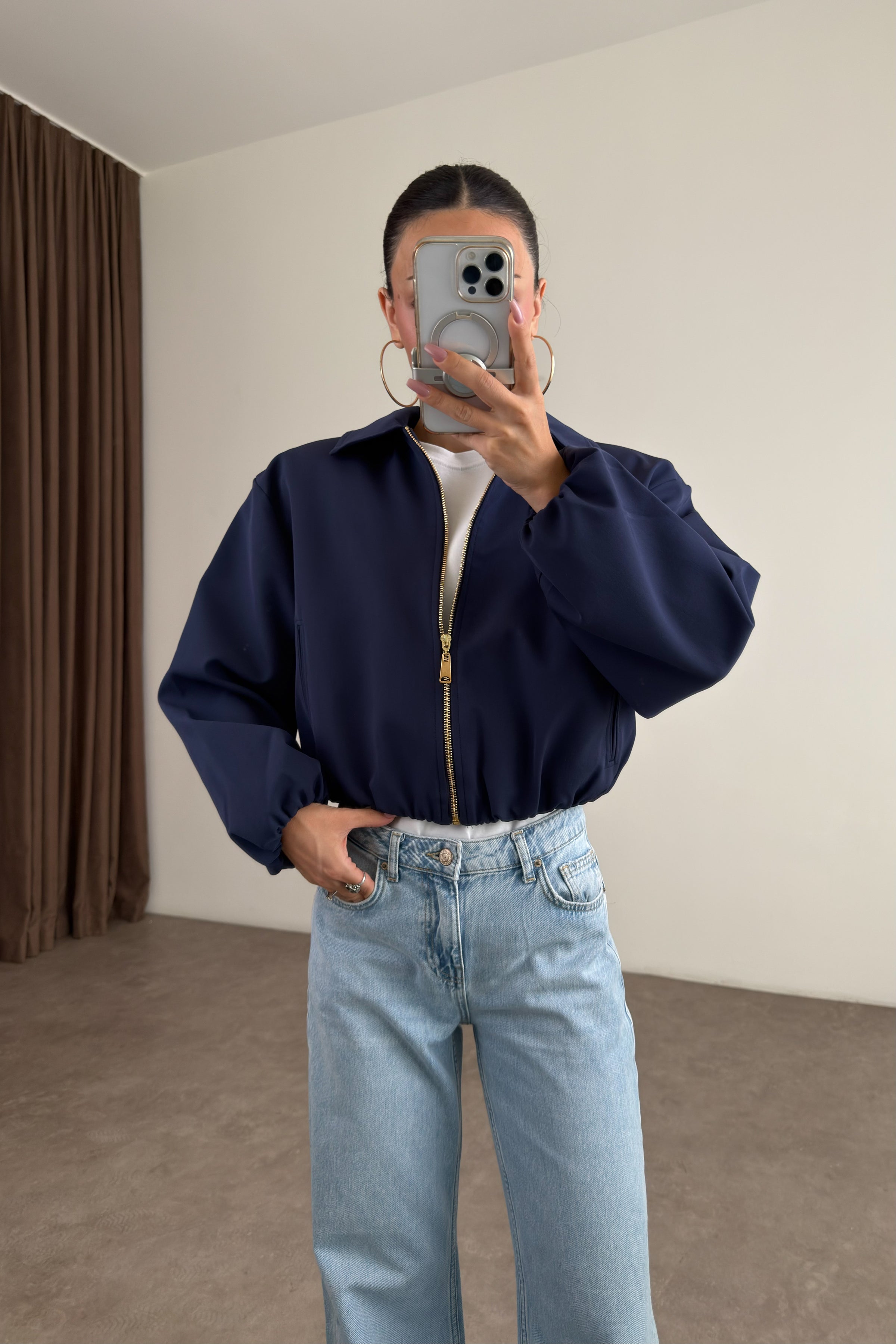 Premium Polo Yaka Lacivert Bomber Ceket