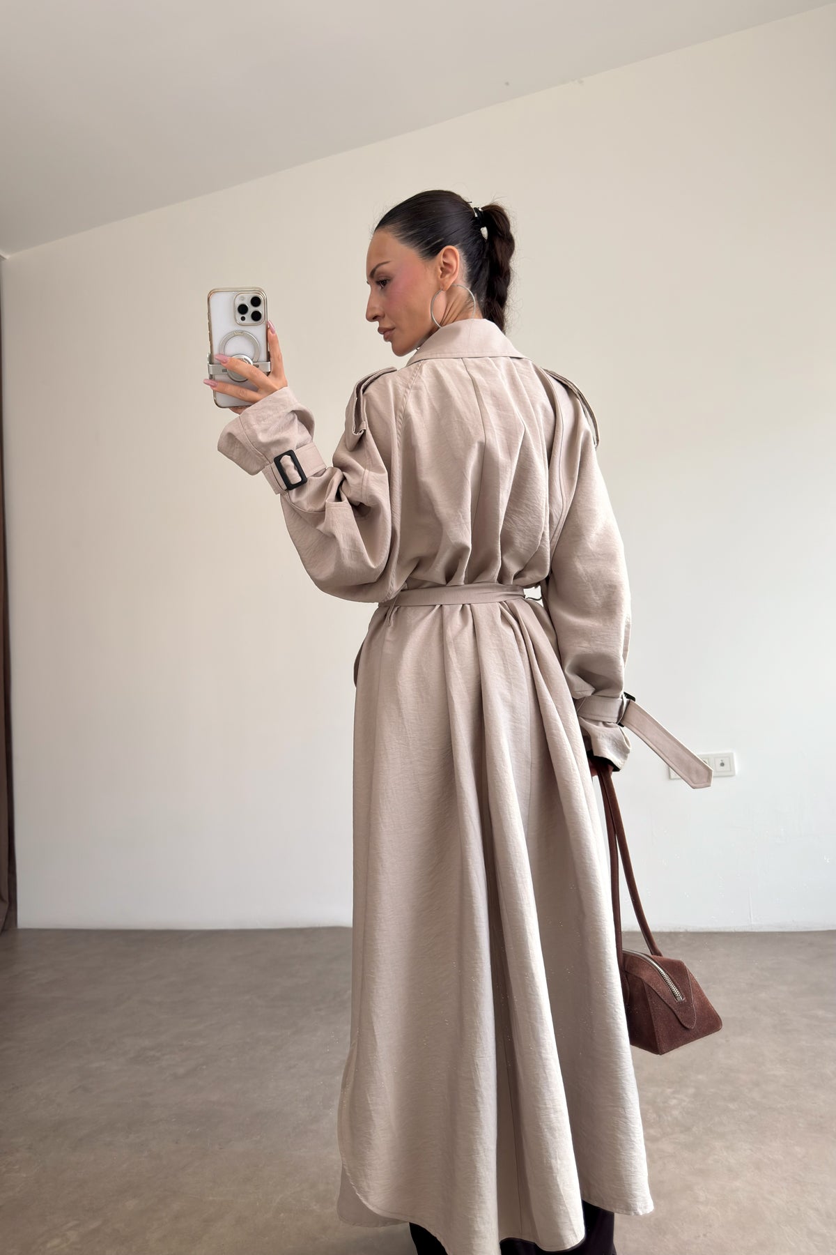 Premium Oversize Dökümlü Uzun Taş Trençkot