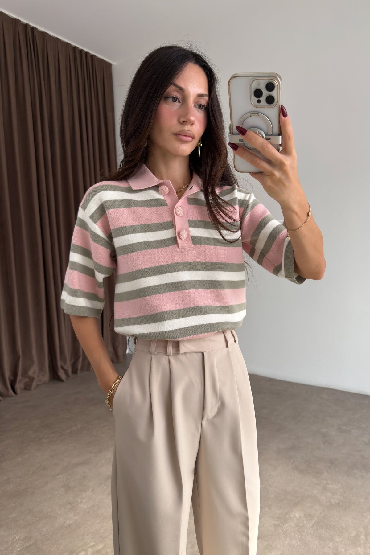 Asos Orj Pembe Çizgili Polo Yaka Kazak