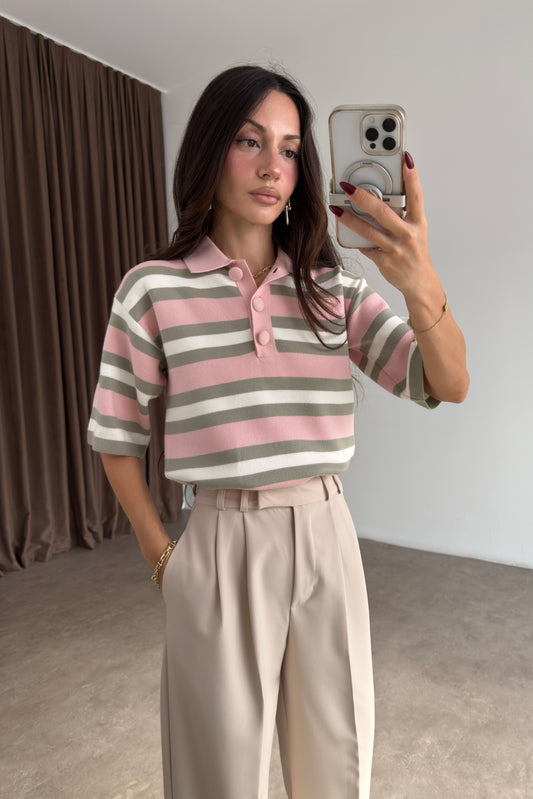 Asos Orj Pembe Çizgili Polo Yaka Kazak
