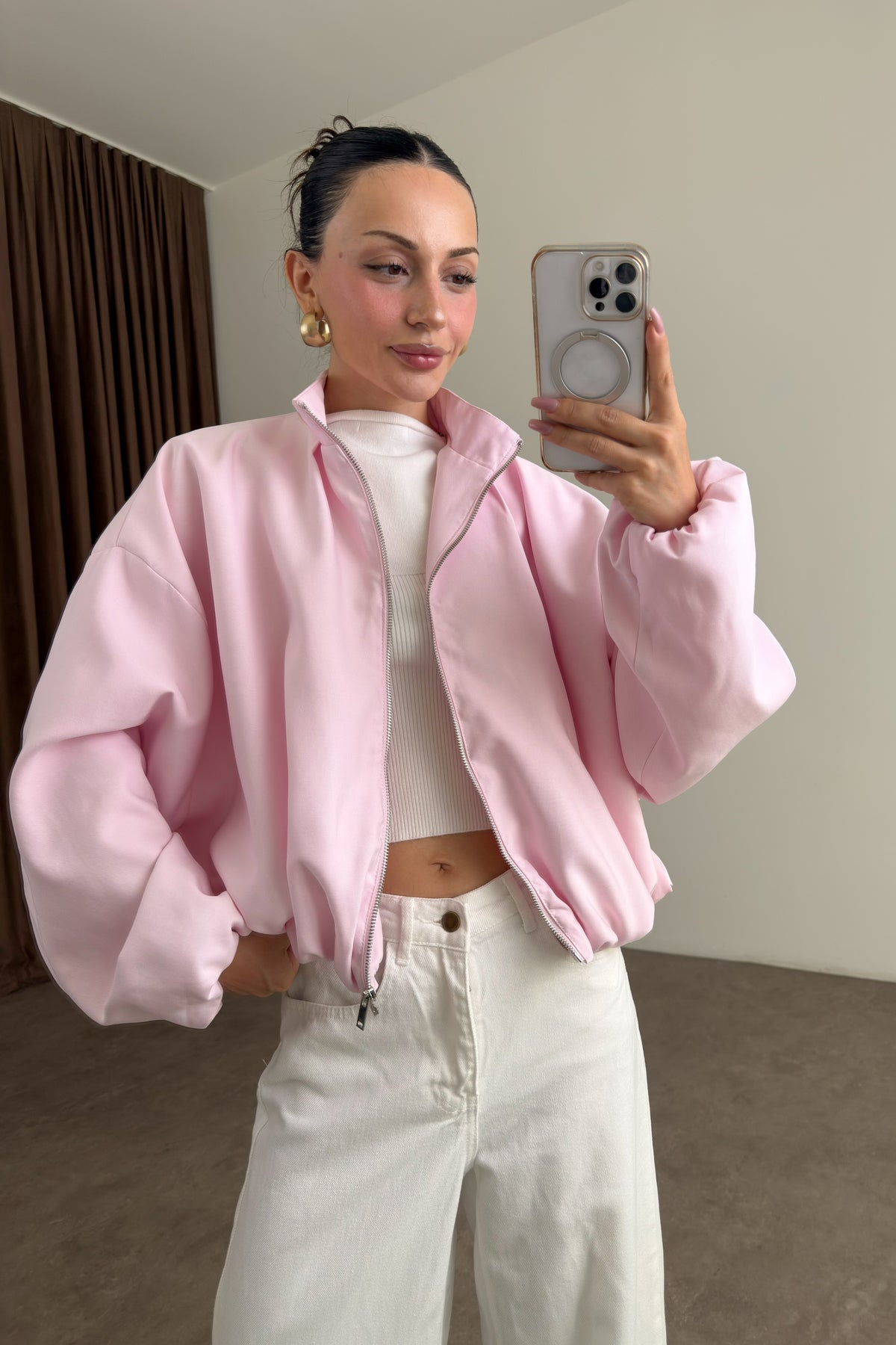 Bomber Dik Yaka Fermuarlı Pembe Ceket