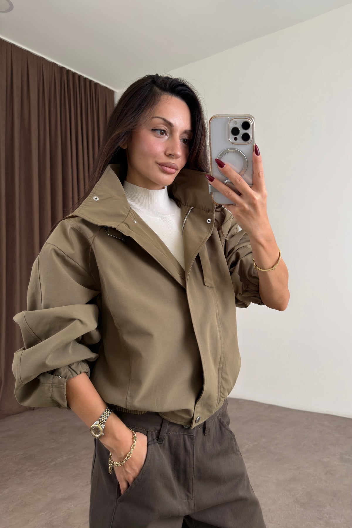 Haki Bomber Kesim Yakası Kemerli Ceket