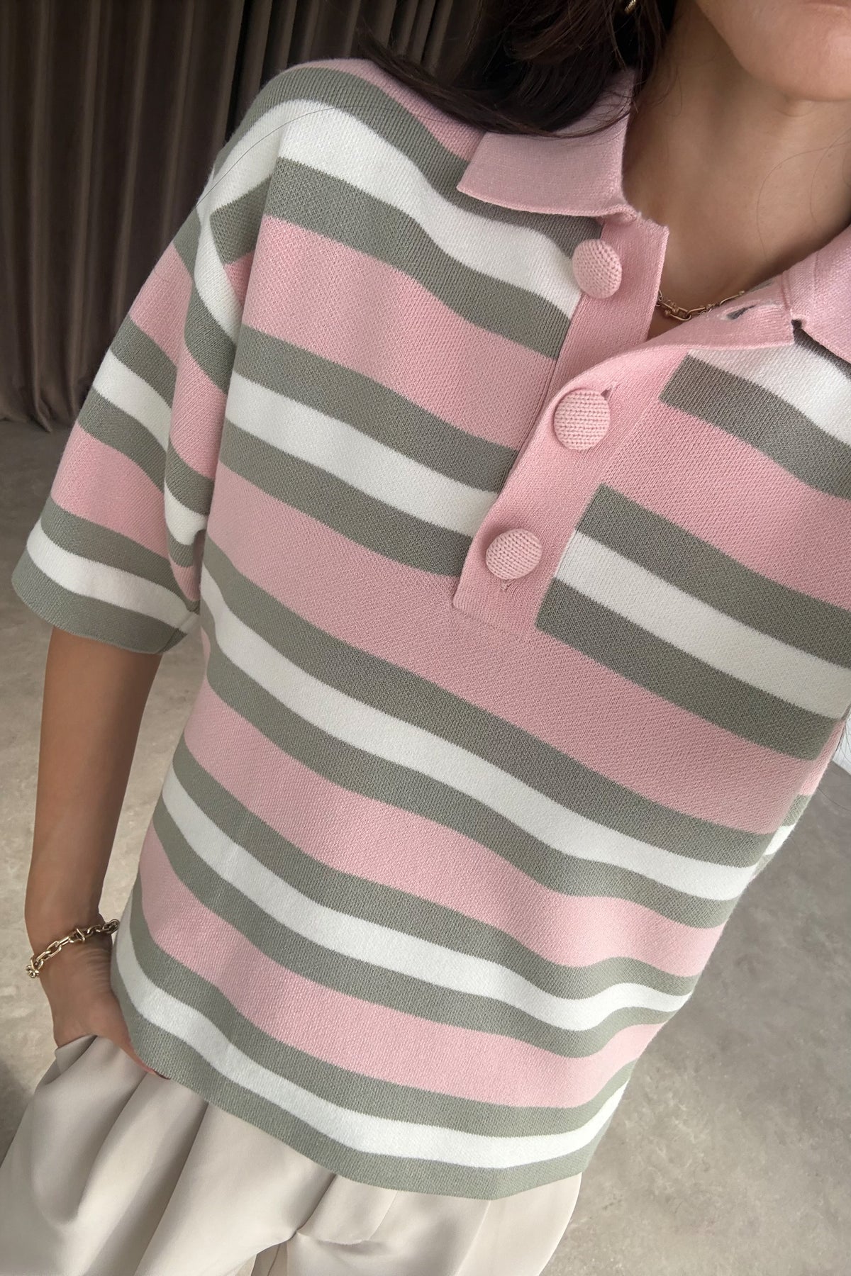 Asos Orj Pembe Çizgili Polo Yaka Kazak