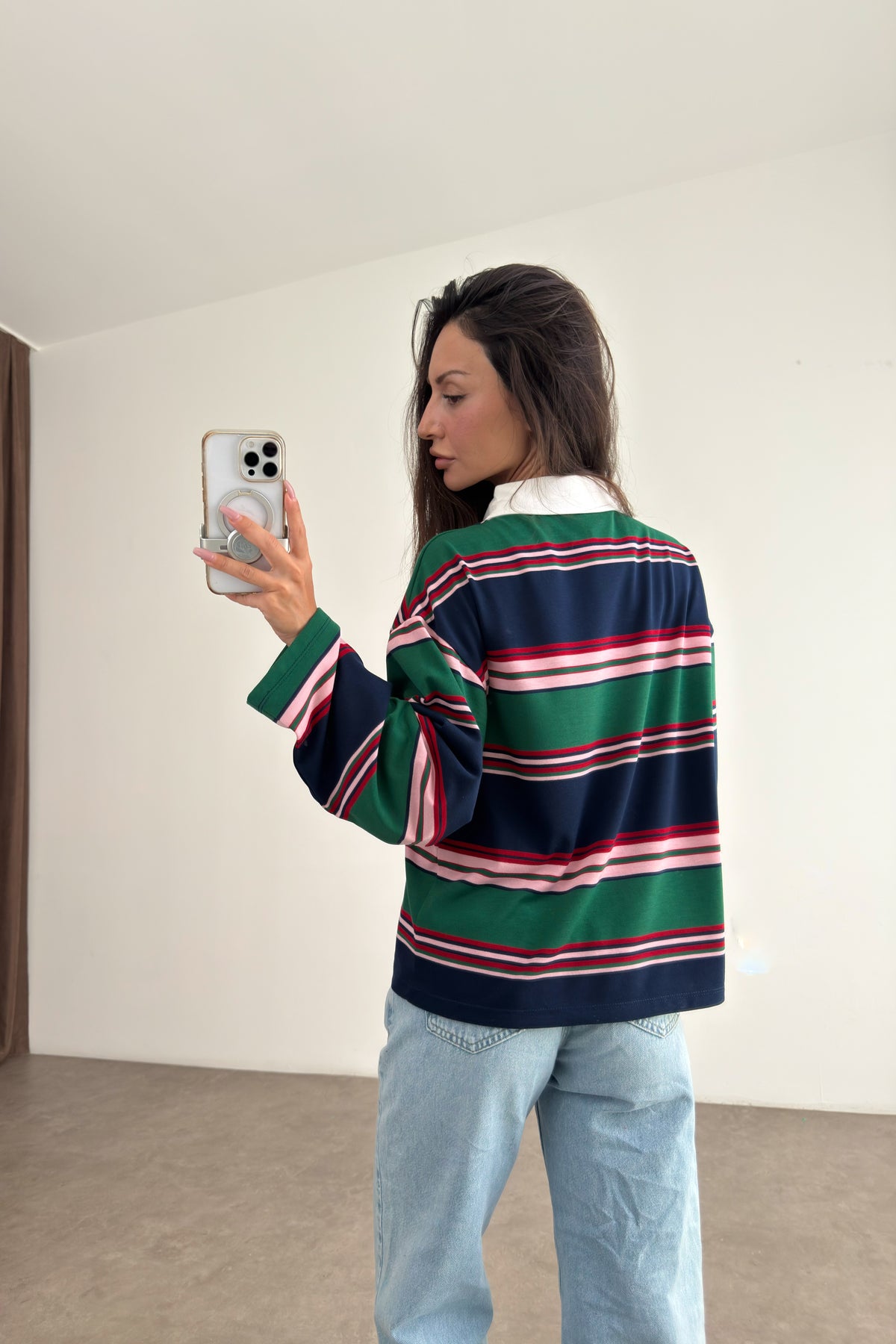 Zr Model Polo Yaka Yeşil Pembe Çizgili Tişört
