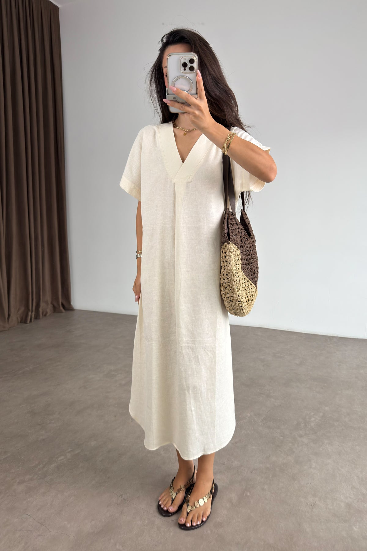 Premium Linen Keten Elbise Beyaz