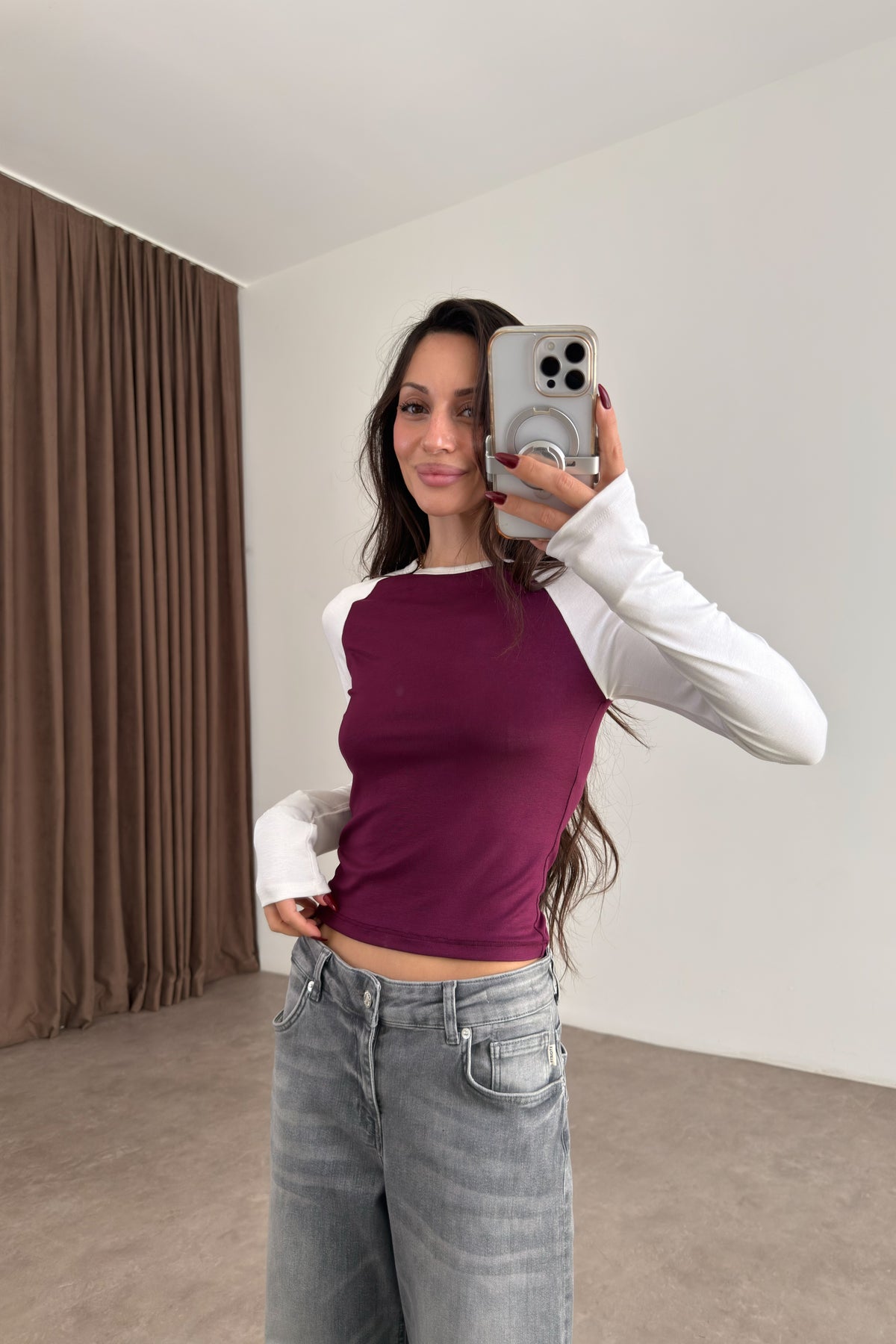 Raglan Kollu Beyaz Mürdüm Body