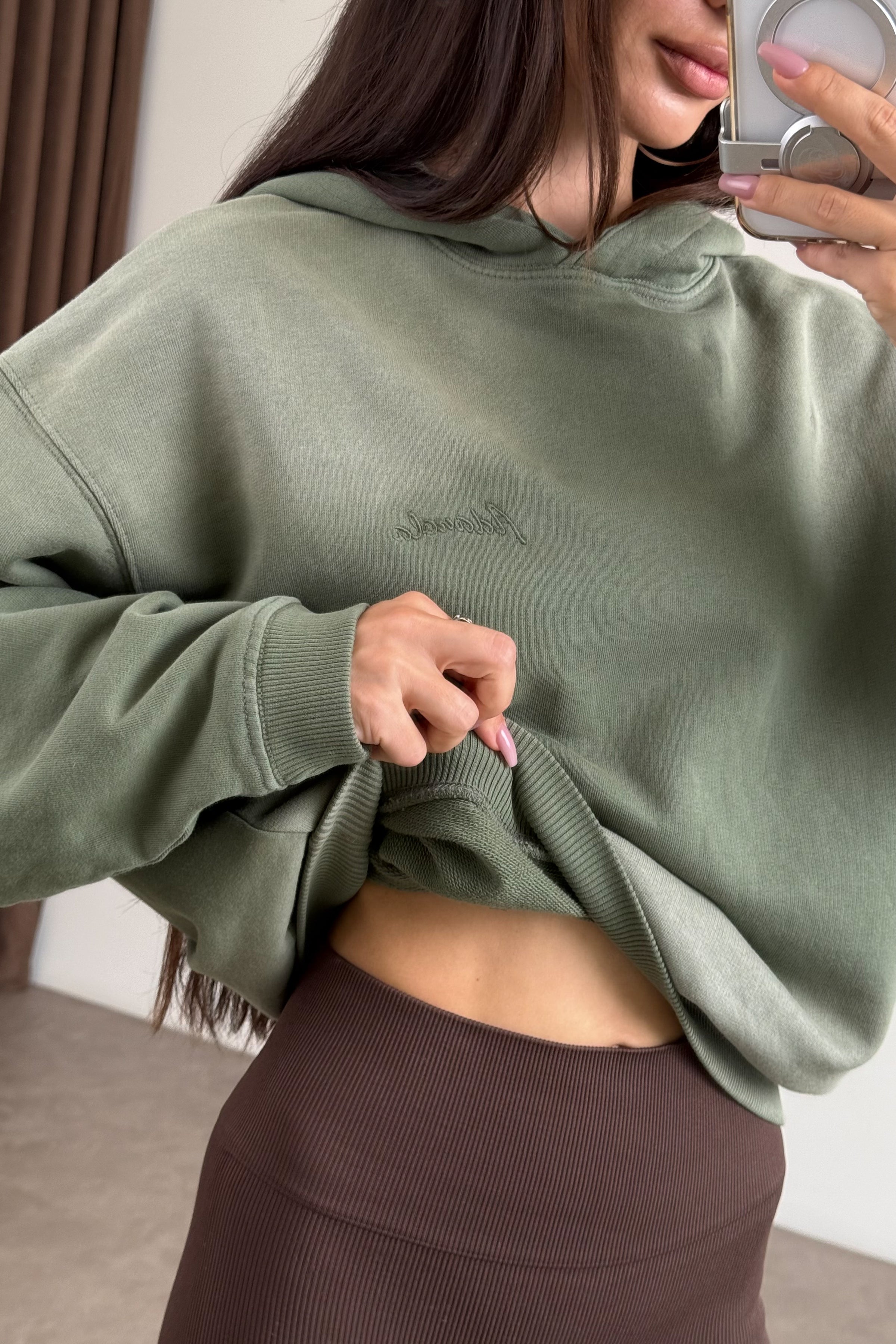 Orijinal Marka Kapüşonlu Asit Efektli Yeşil Sweatshirt