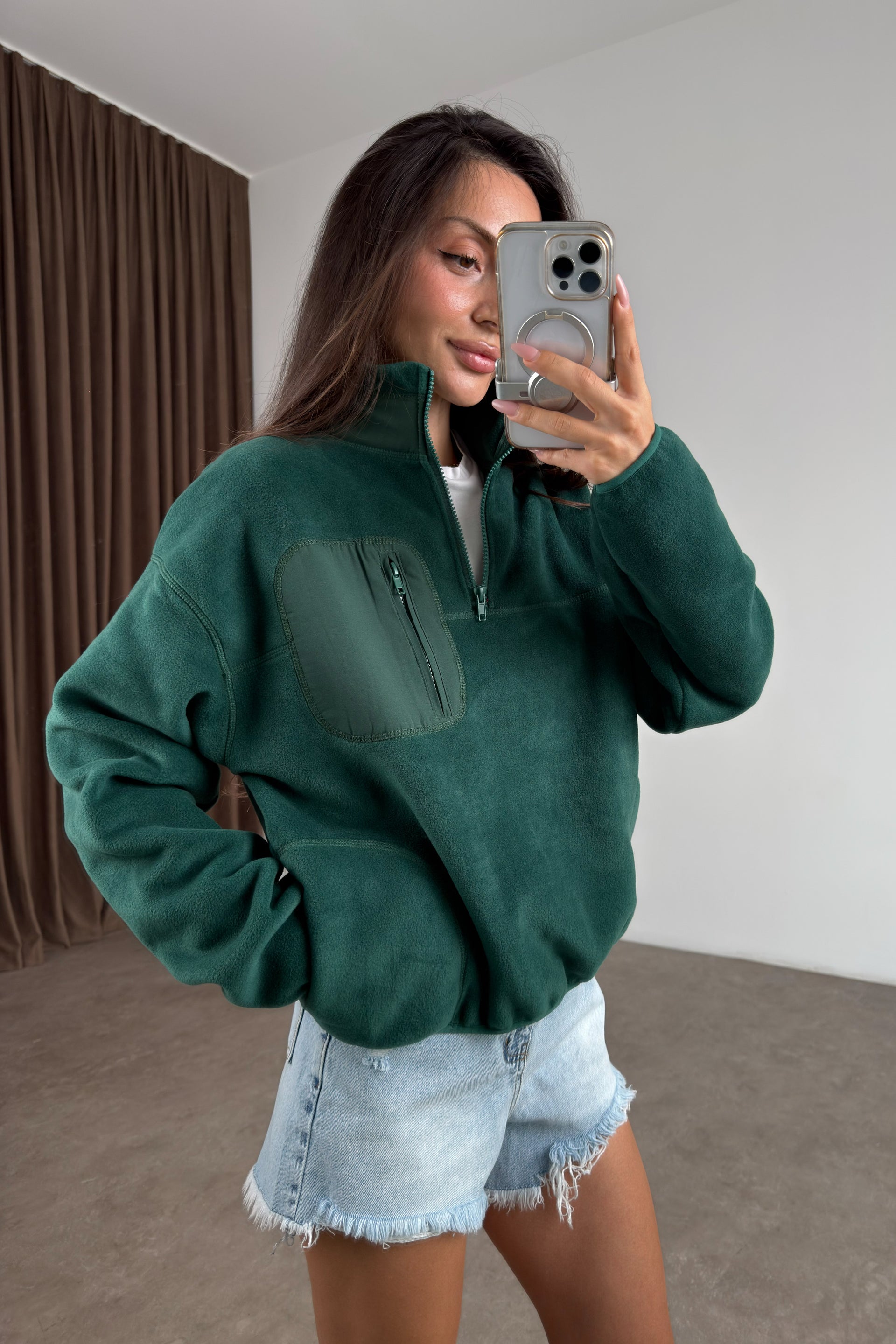 Fermuarlı Dik Yakalı Yeşil Polar Sweat