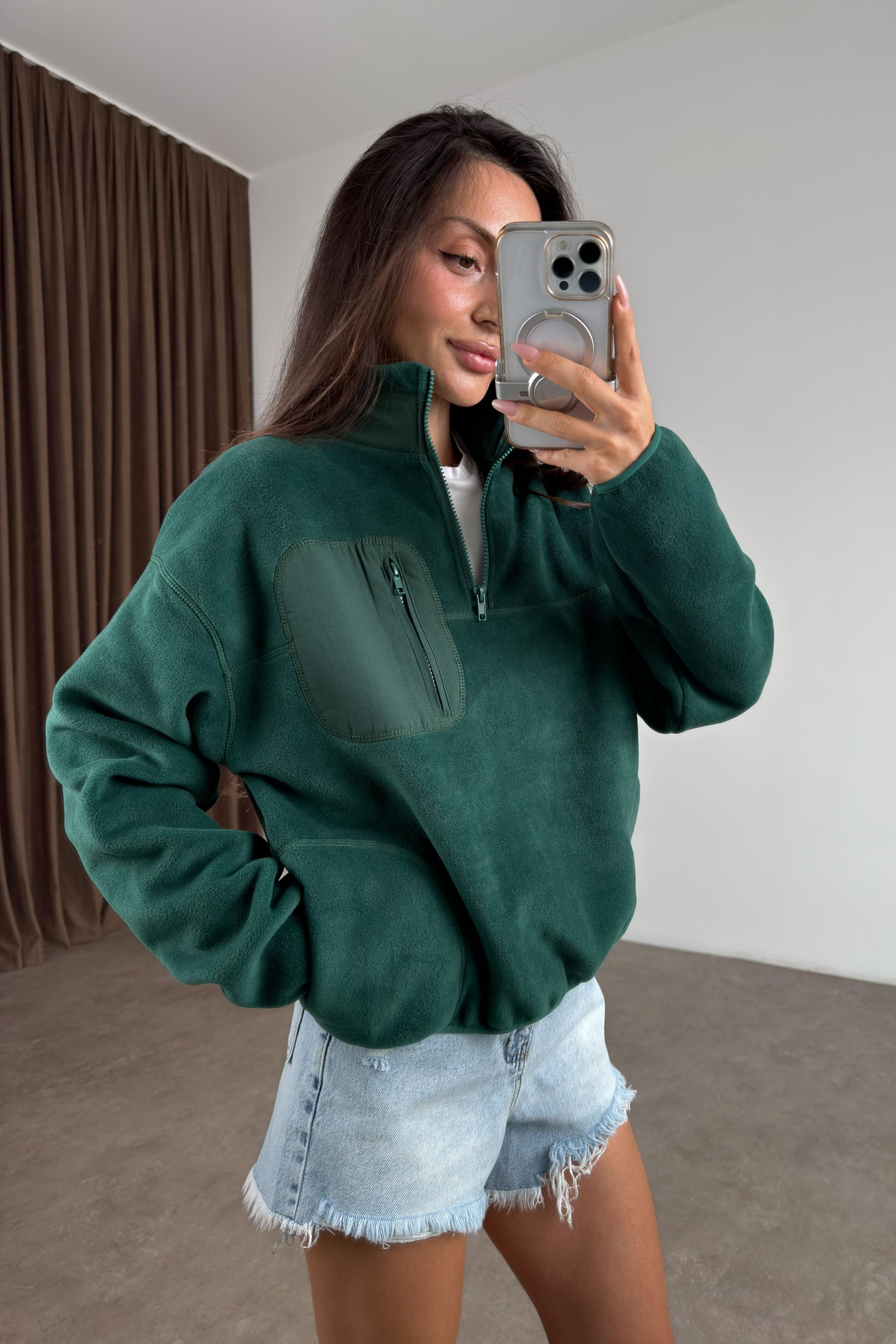 Fermuarlı Dik Yakalı Yeşil Polar Sweat