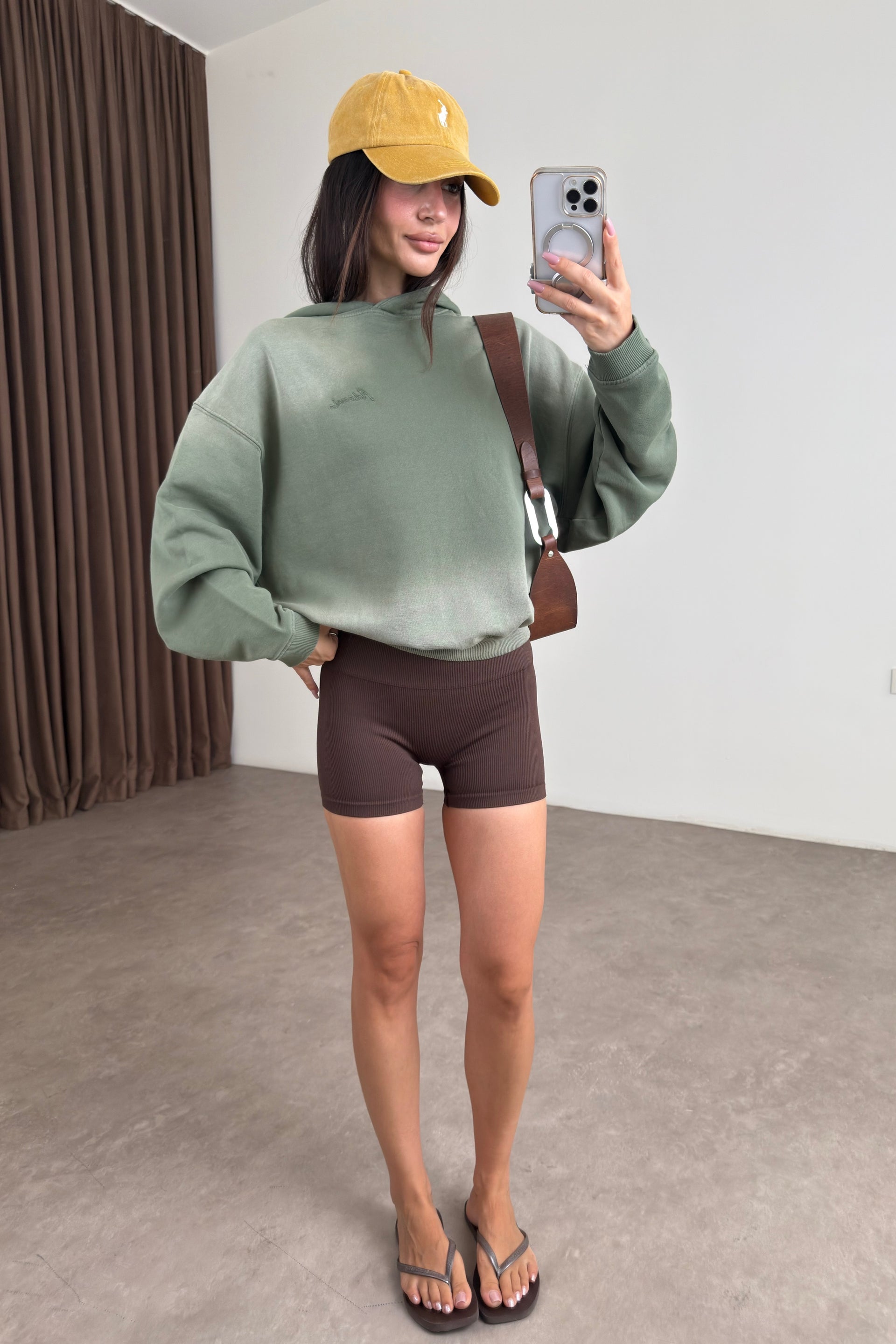 Orijinal Marka Kapüşonlu Asit Efektli Yeşil Sweatshirt