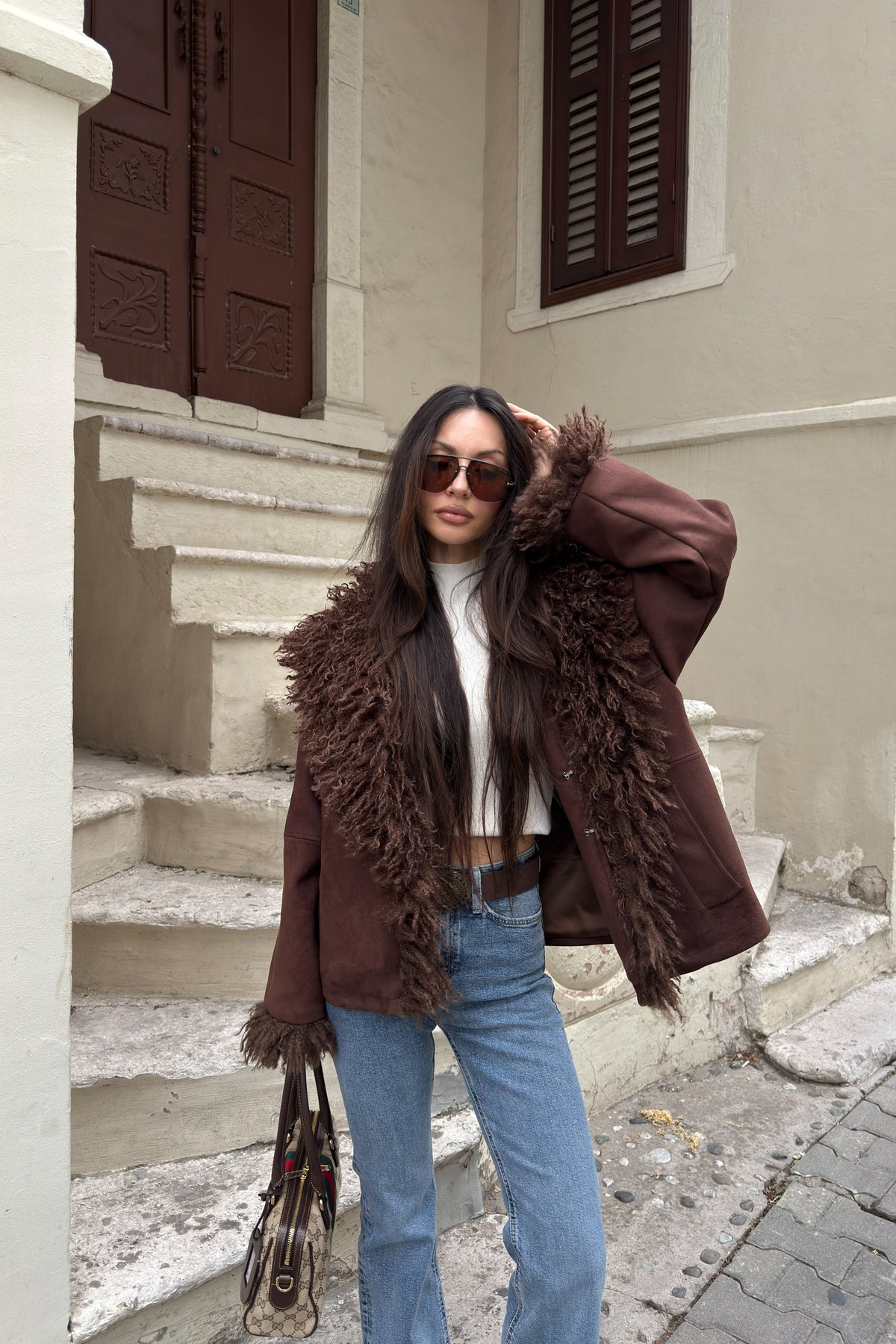 Daisy Premium Nubuk Kahve Kürklü Mont