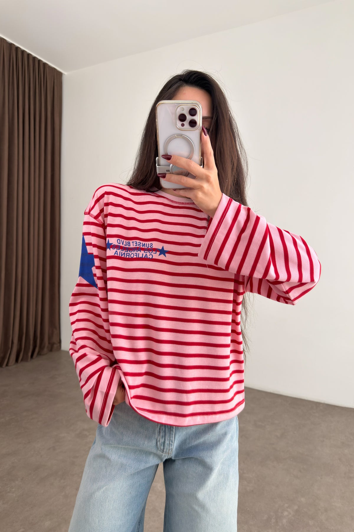 LA Pembe Kırmızı Çizgili Sweatshirt