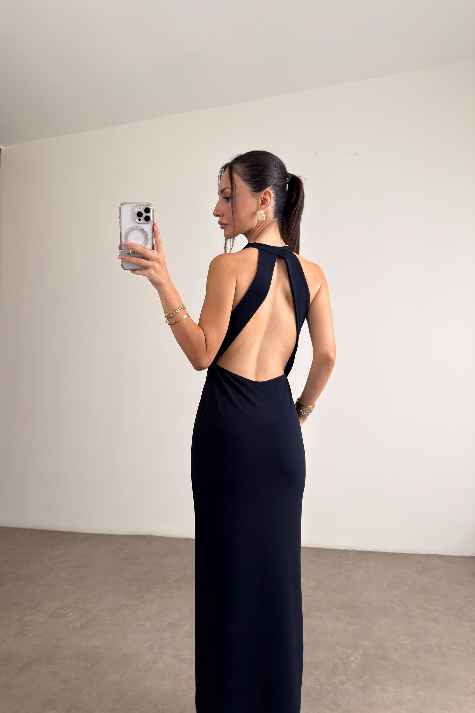 Zr Halter Yaka Sırt Dekolteli Midi Lacivert Elbise
