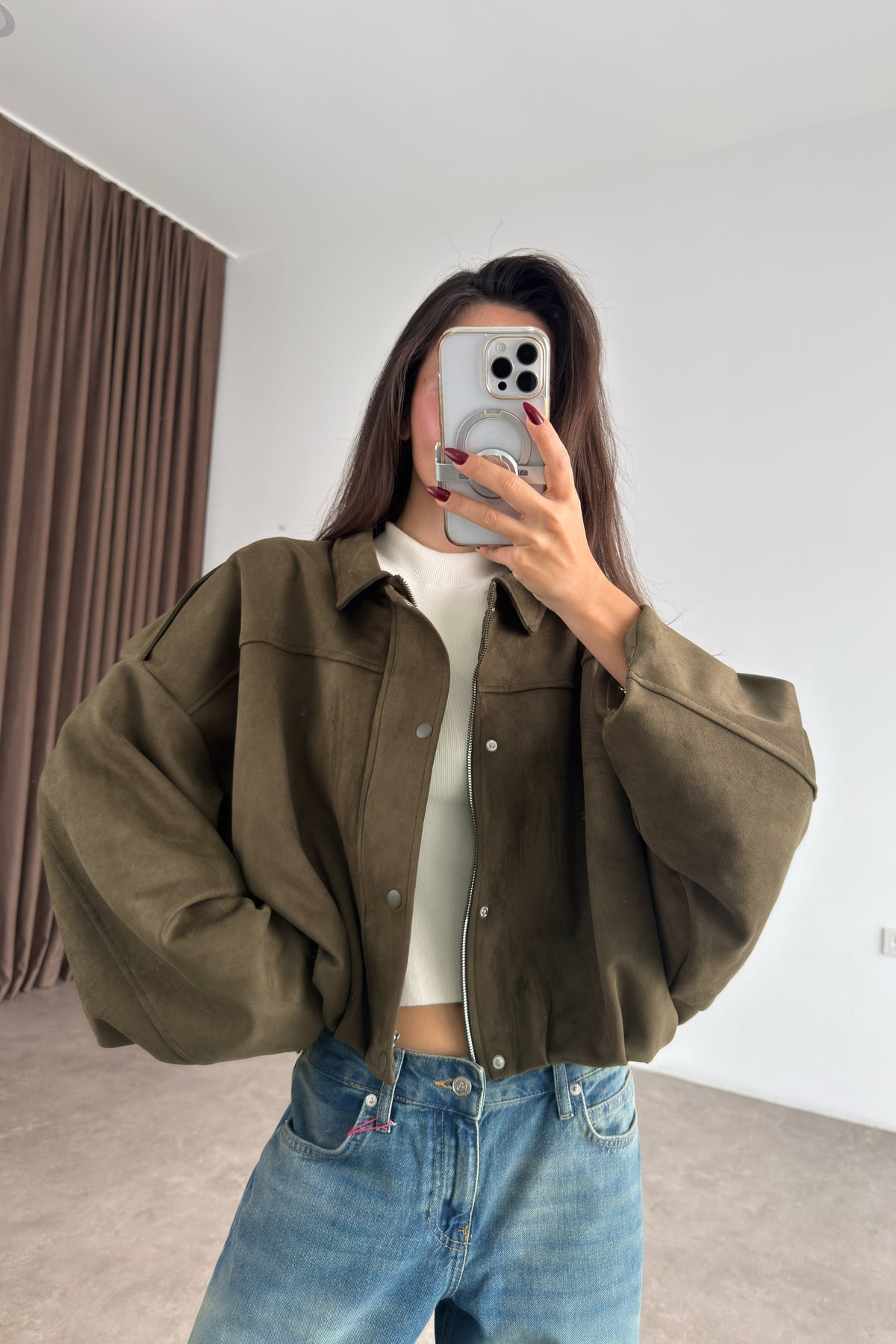 Premium Haki Süet Bomber Ceket