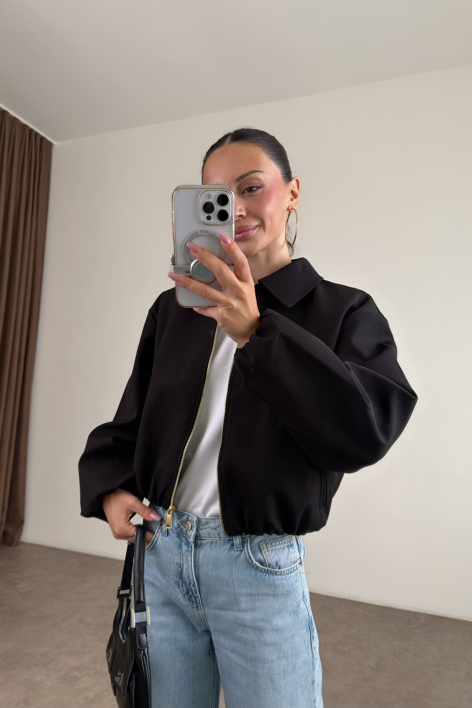 Premium Polo Yaka Siyah Bomber Ceket