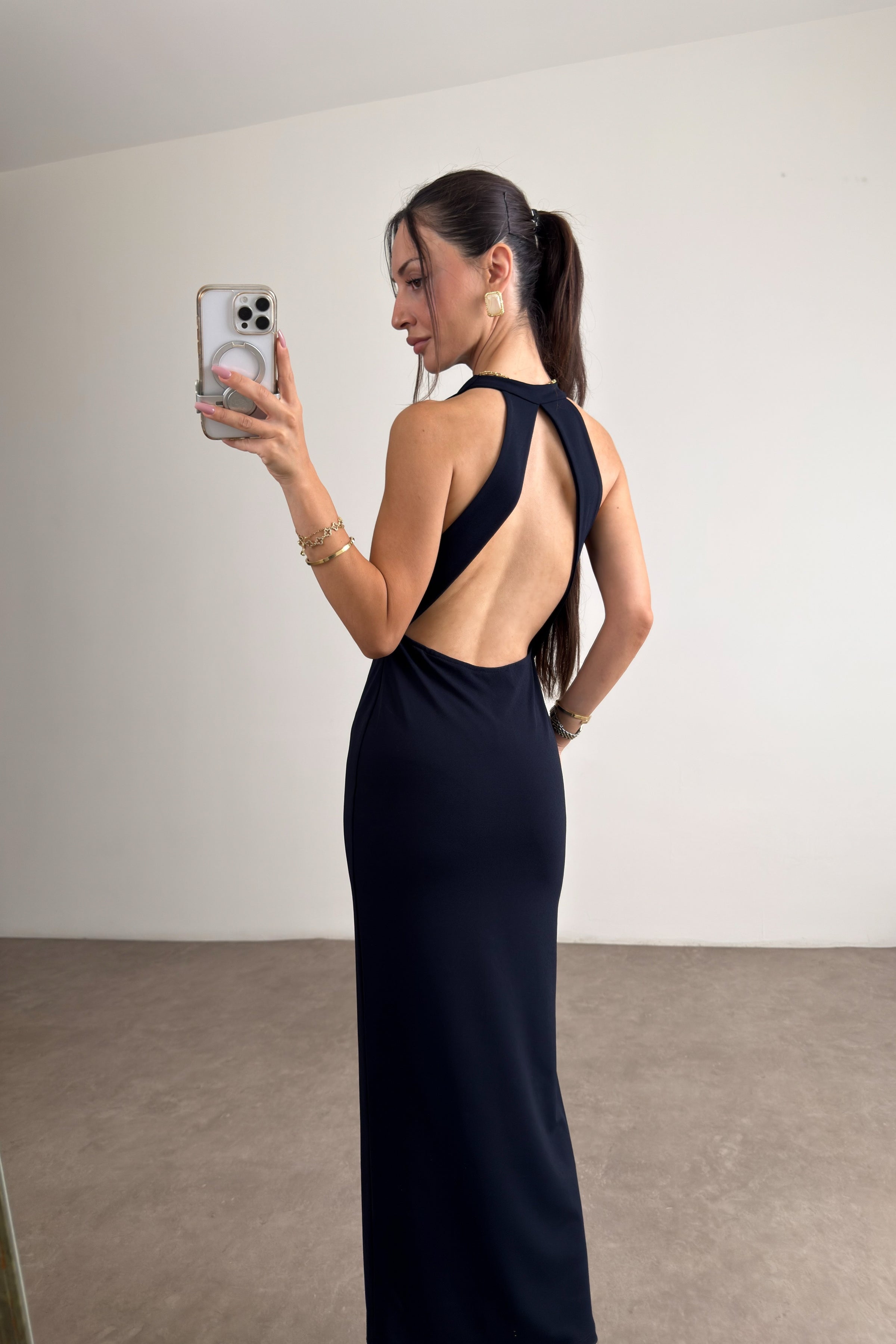 Zr Halter Yaka Sırt Dekolteli Midi Lacivert Elbise