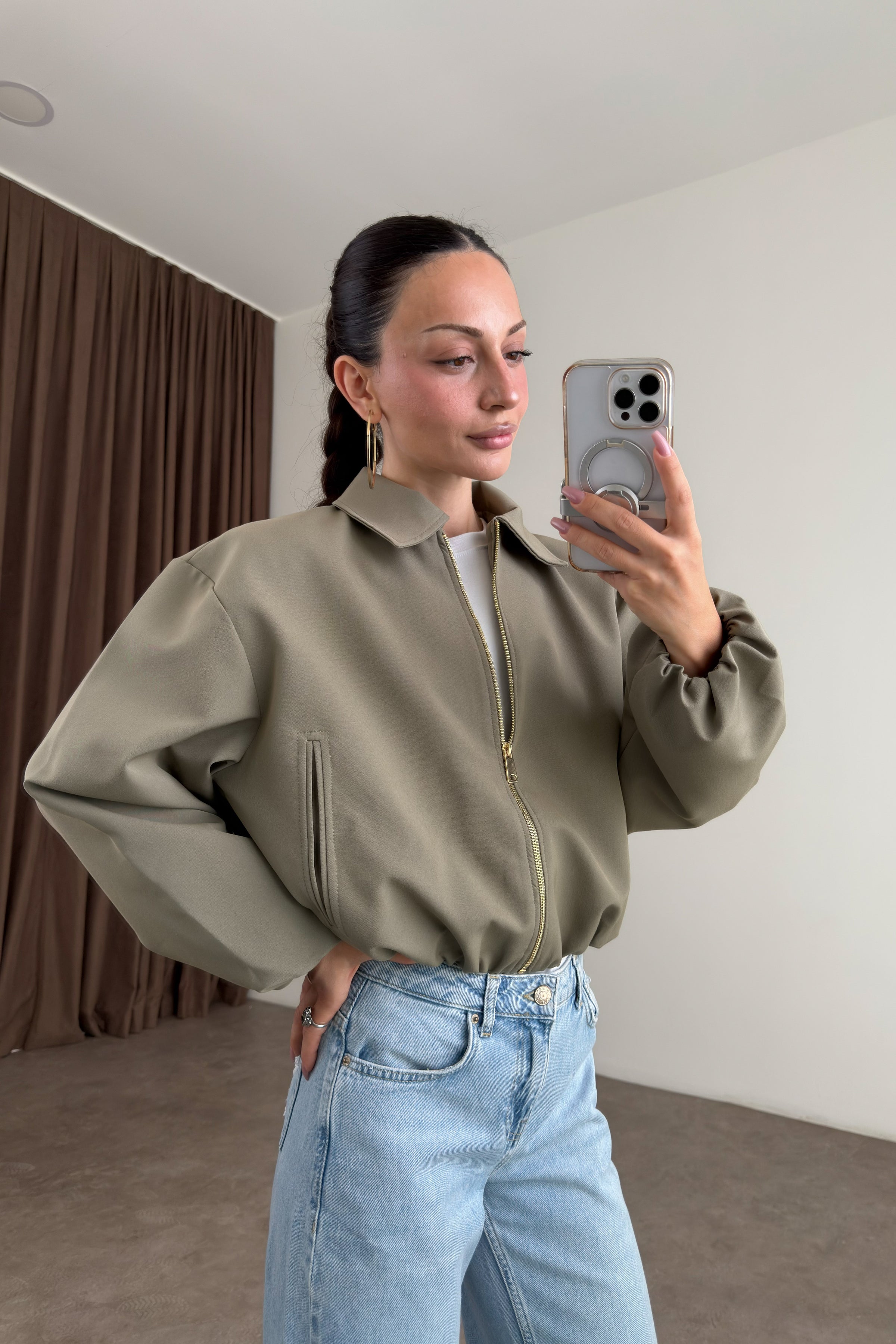 Premium Polo Yaka Haki Bomber Ceket