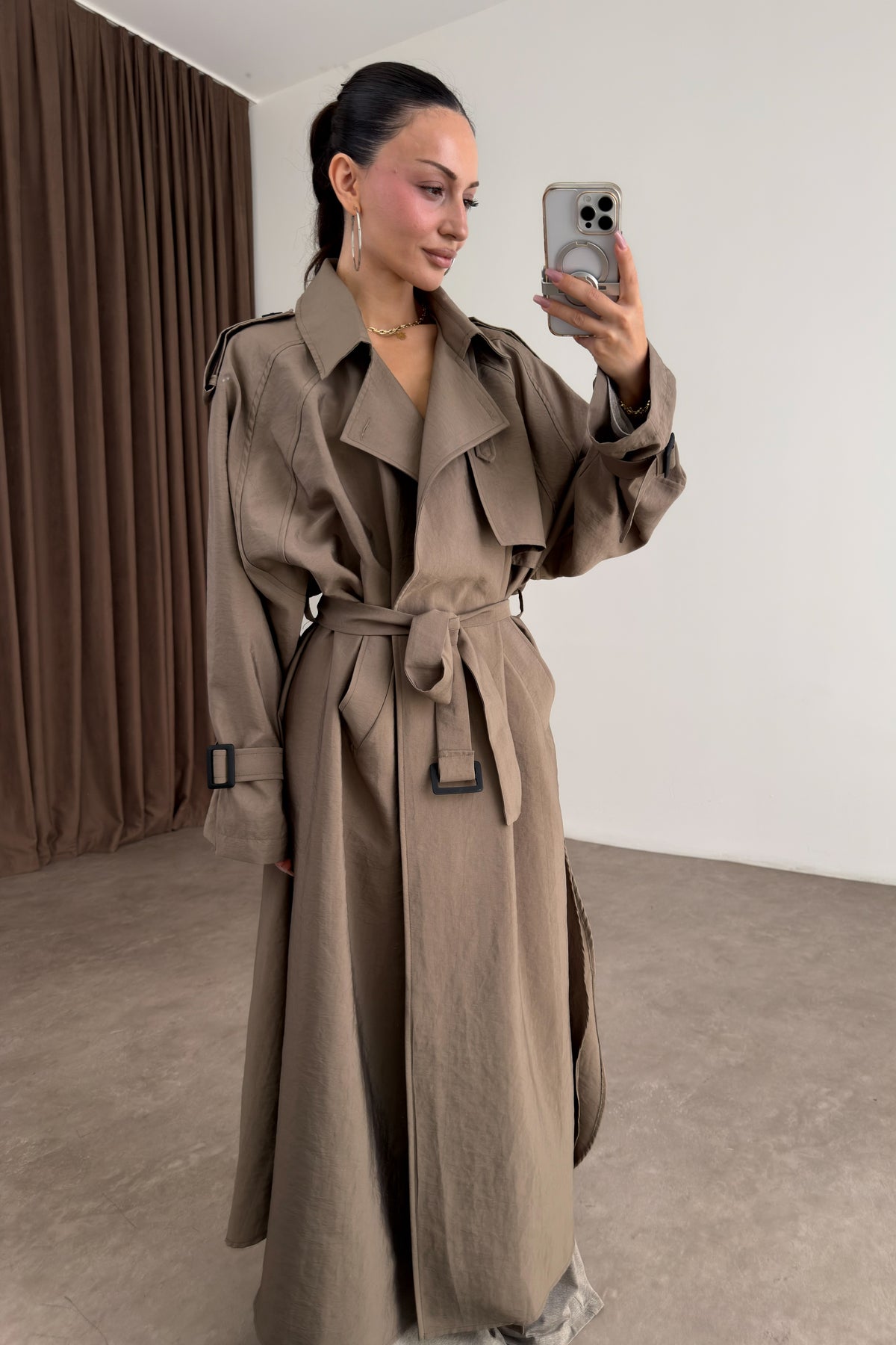 Premium Oversize Dökümlü Uzun Khaki Trençkot