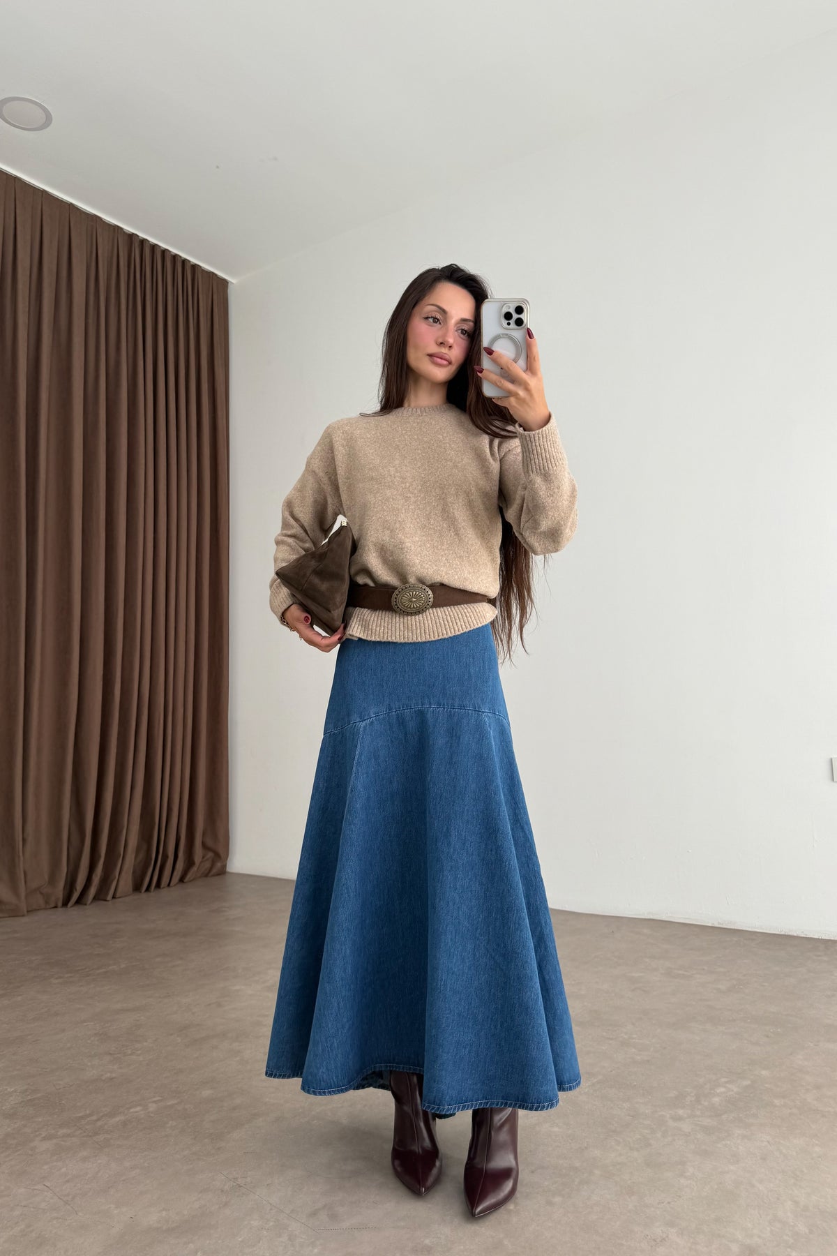 ZR Orj. Uzun Kloş Denim Etek
