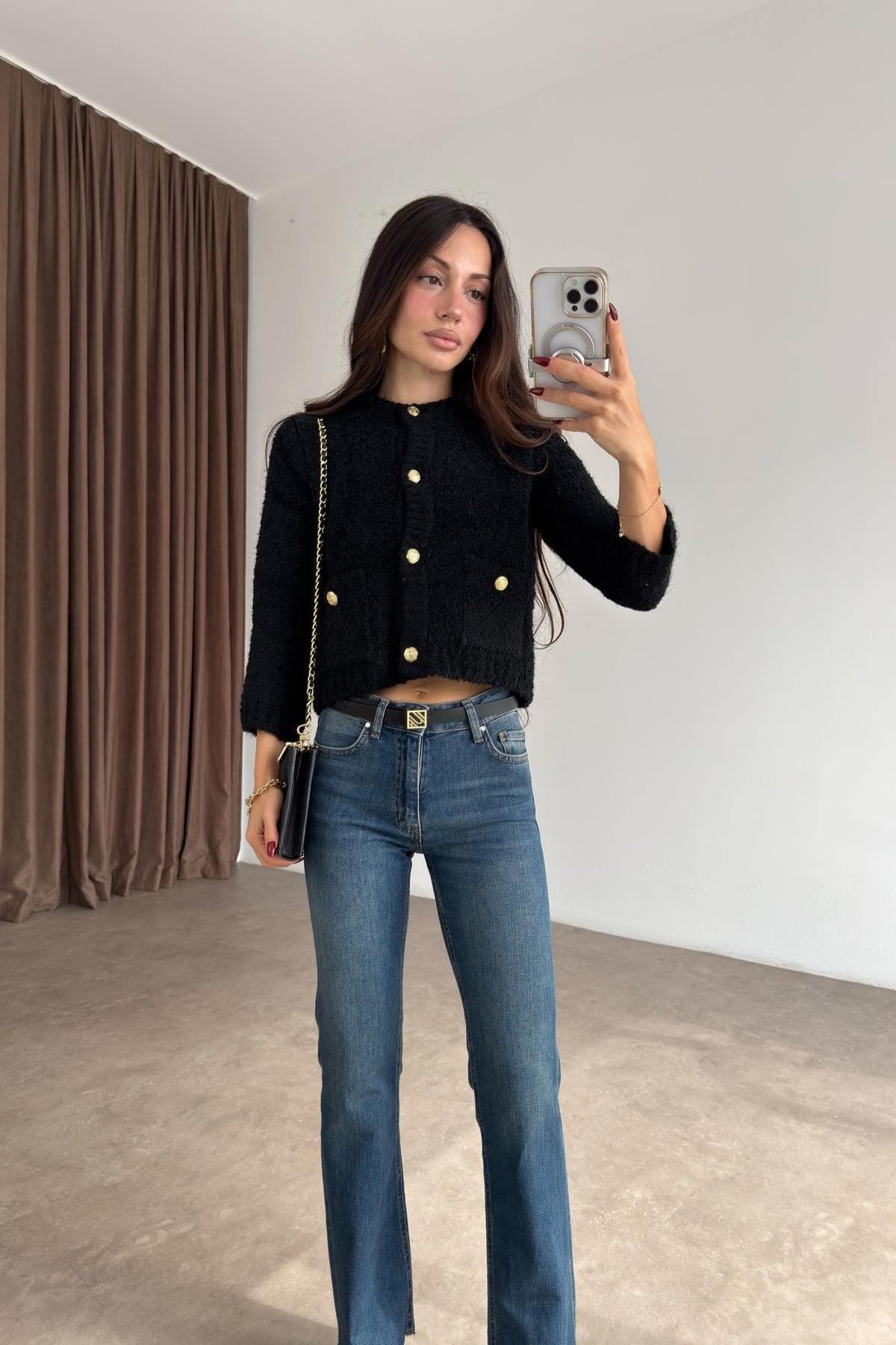 Zra Orj Gold Düğmeli Teddy Siyah Hırka