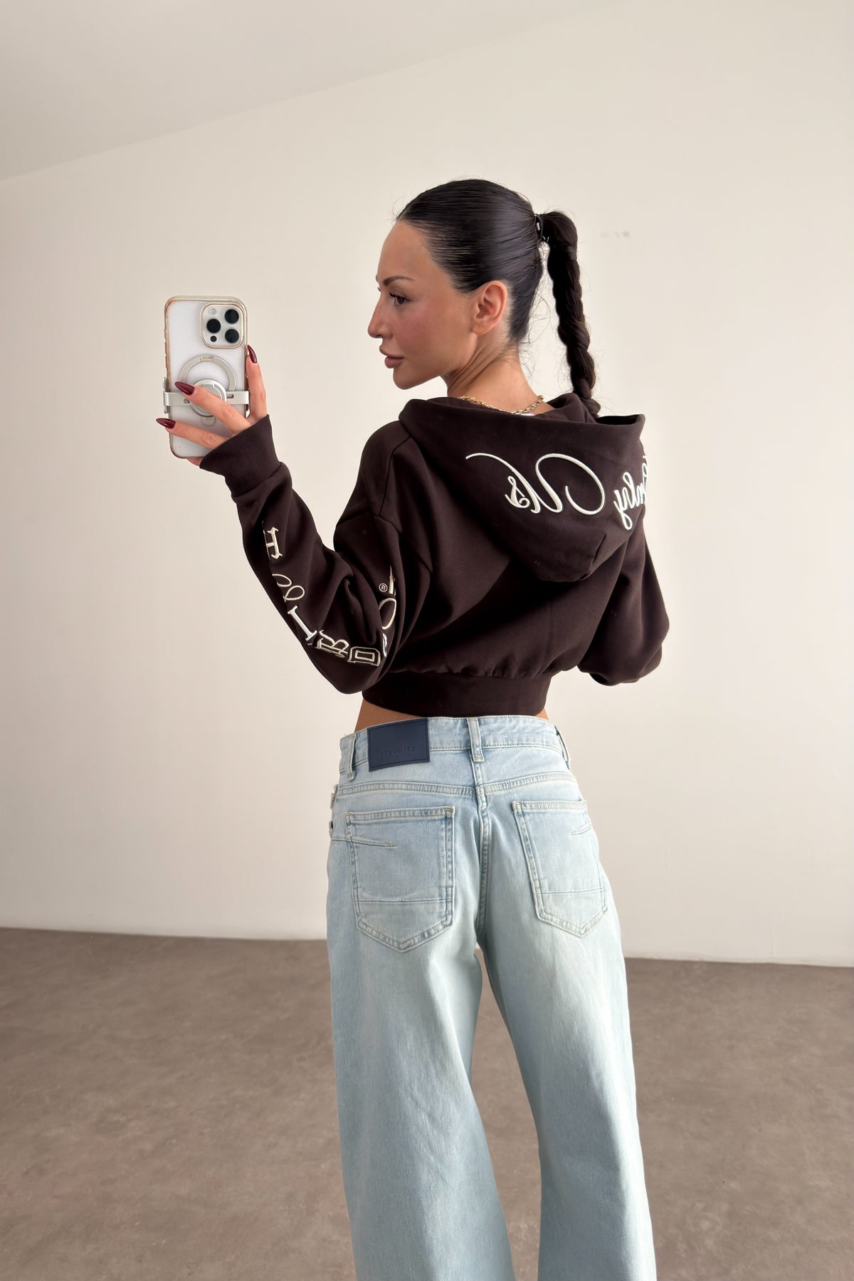 Hoodrich Şardonlu Nakış Detaylı Kahve Fermuarlı Sweatshirt